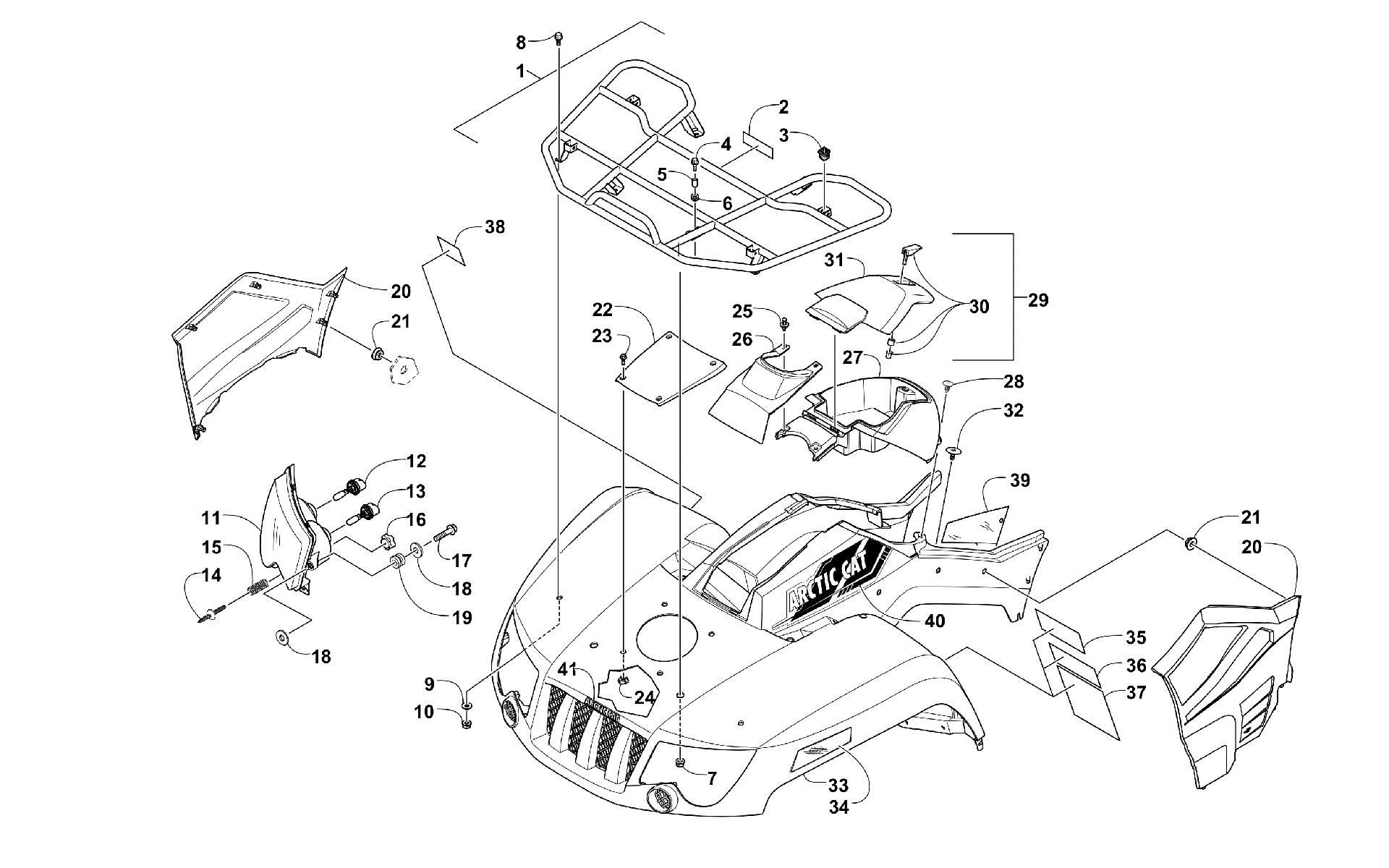 Передняя часть RACK, BODY PANEL, AND HEADLIGHT ASSEMBLIES [300991]