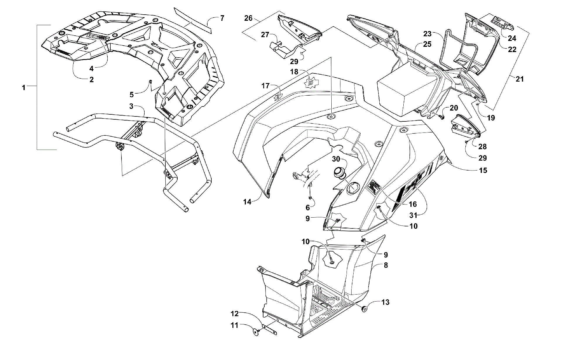задний RACK, кузов PANEL, FOOTWELL, и TAILLIGHT ASSEMBLIES [301174]