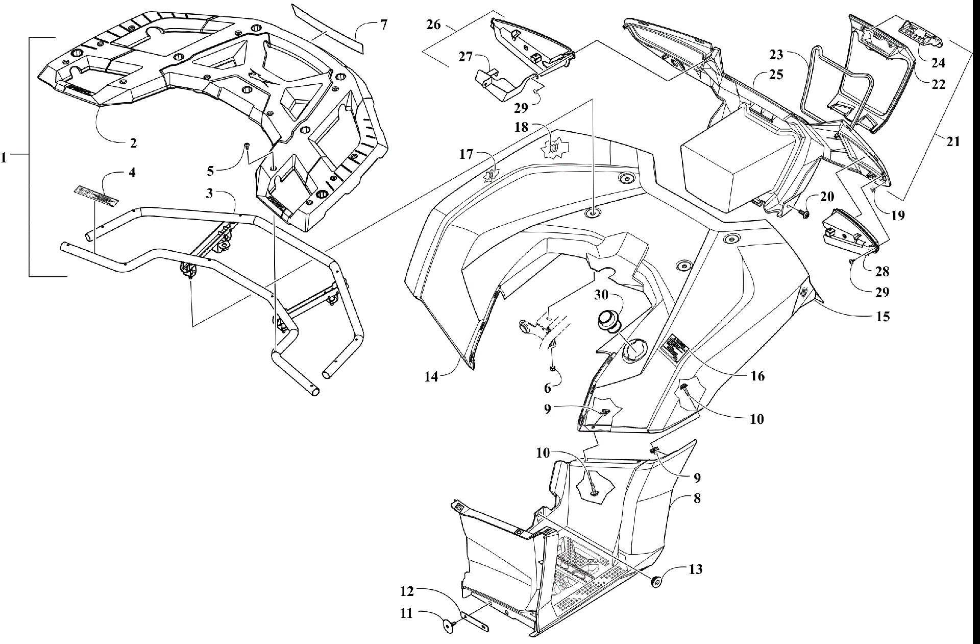 задний RACK, кузов PANEL, FOOTWELL и TAILLIGHT ASSEMBLIES [301123]