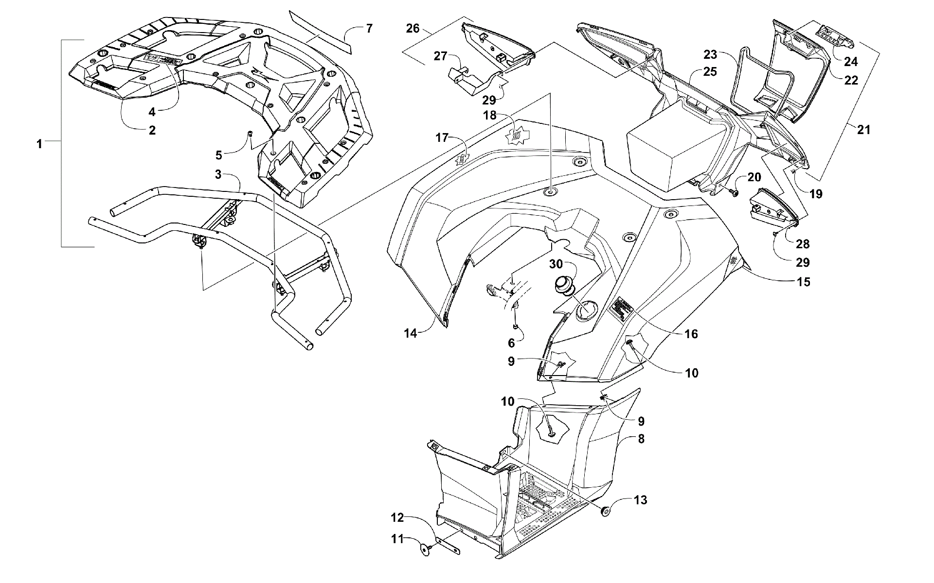 задний RACK, кузов PANEL, FOOTWELL, и TAILLIGHT ASSEMBLIES [301358]