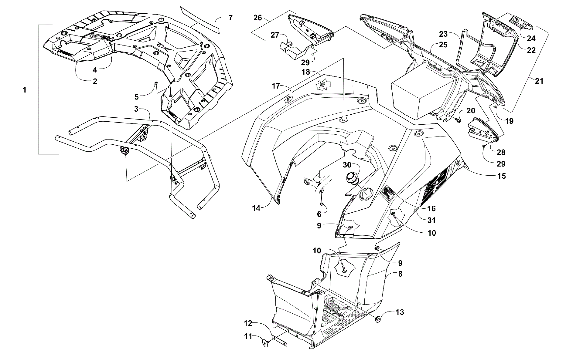 задний RACK, кузов PANEL, FOOTWELL, и TAILLIGHT ASSEMBLIES [301340]