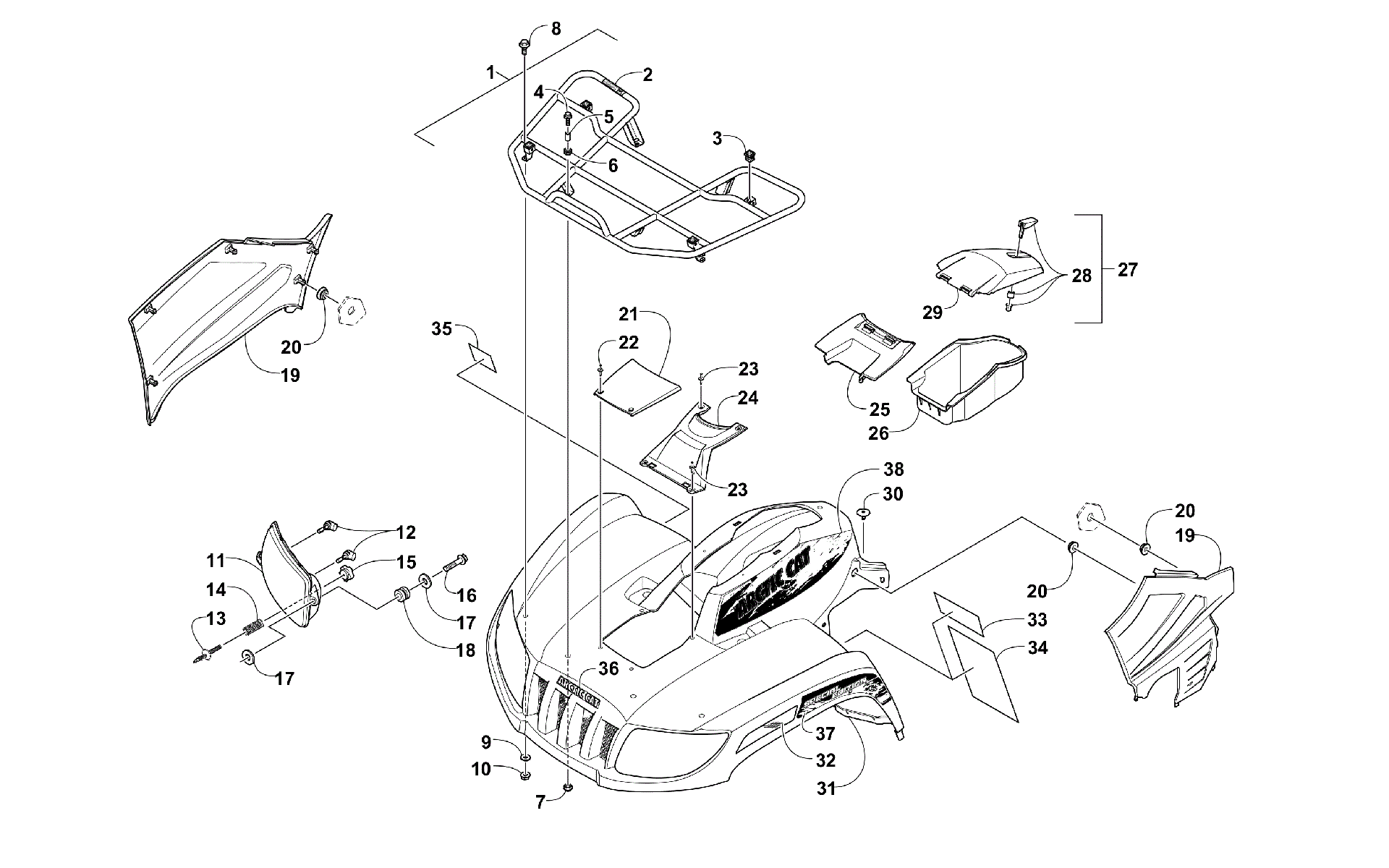 Передняя часть RACK, BODY PANEL, AND HEADLIGHT ASSEMBLIES [301184]