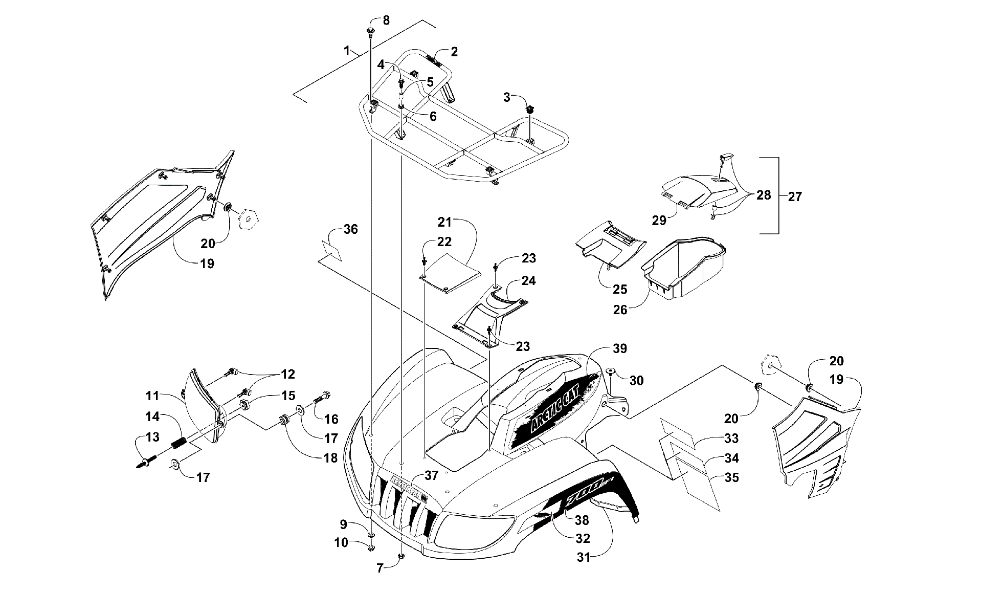 Передняя часть RACK, BODY PANEL, AND HEADLIGHT ASSEMBLIES [301296]