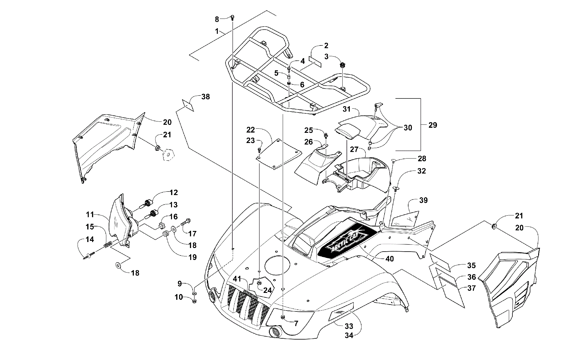 Передняя часть RACK, BODY PANEL, AND HEADLIGHT ASSEMBLIES [300554]