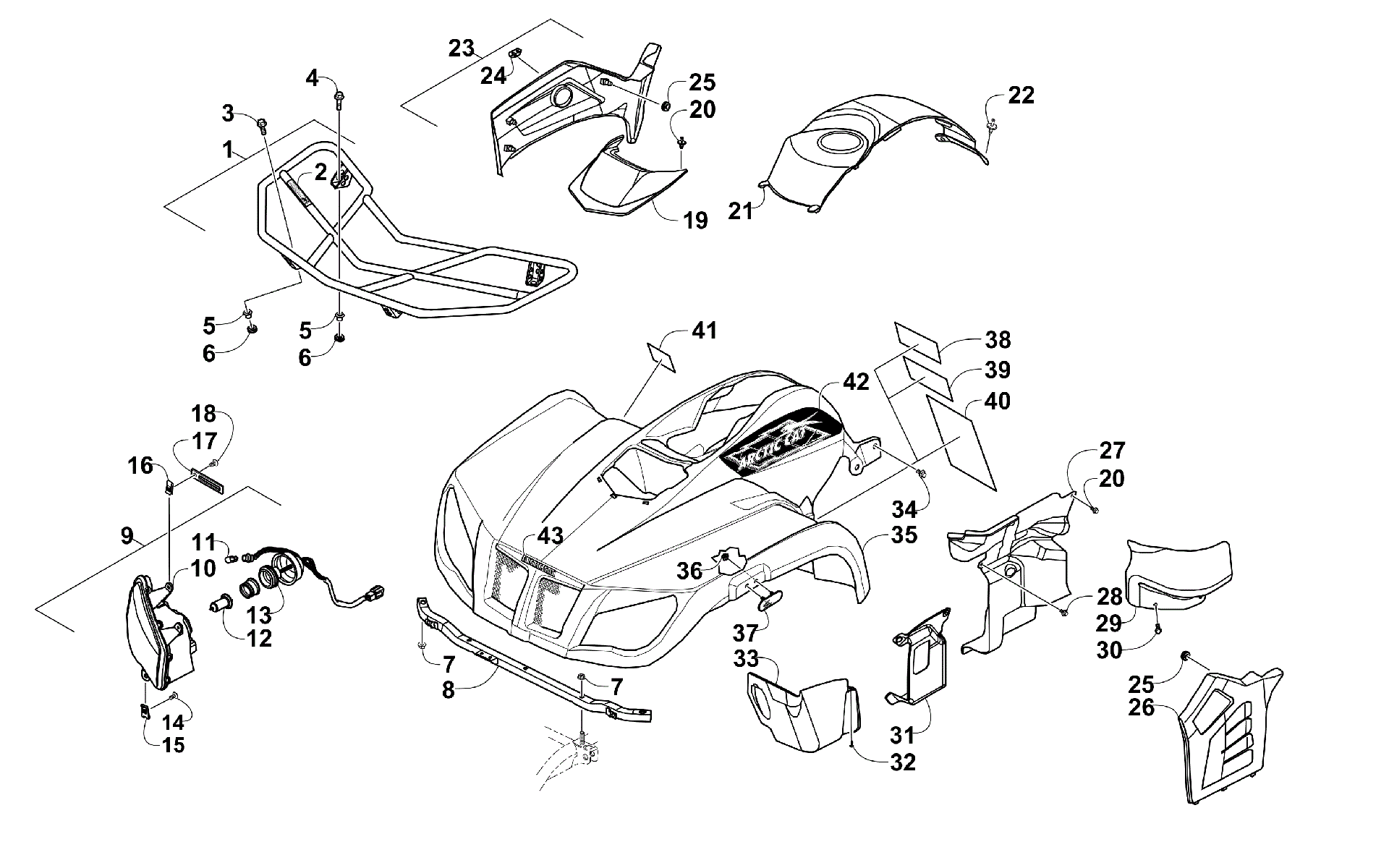 Передняя часть RACK, BODY PANEL, AND HEADLIGHT ASSEMBLIES [300574]