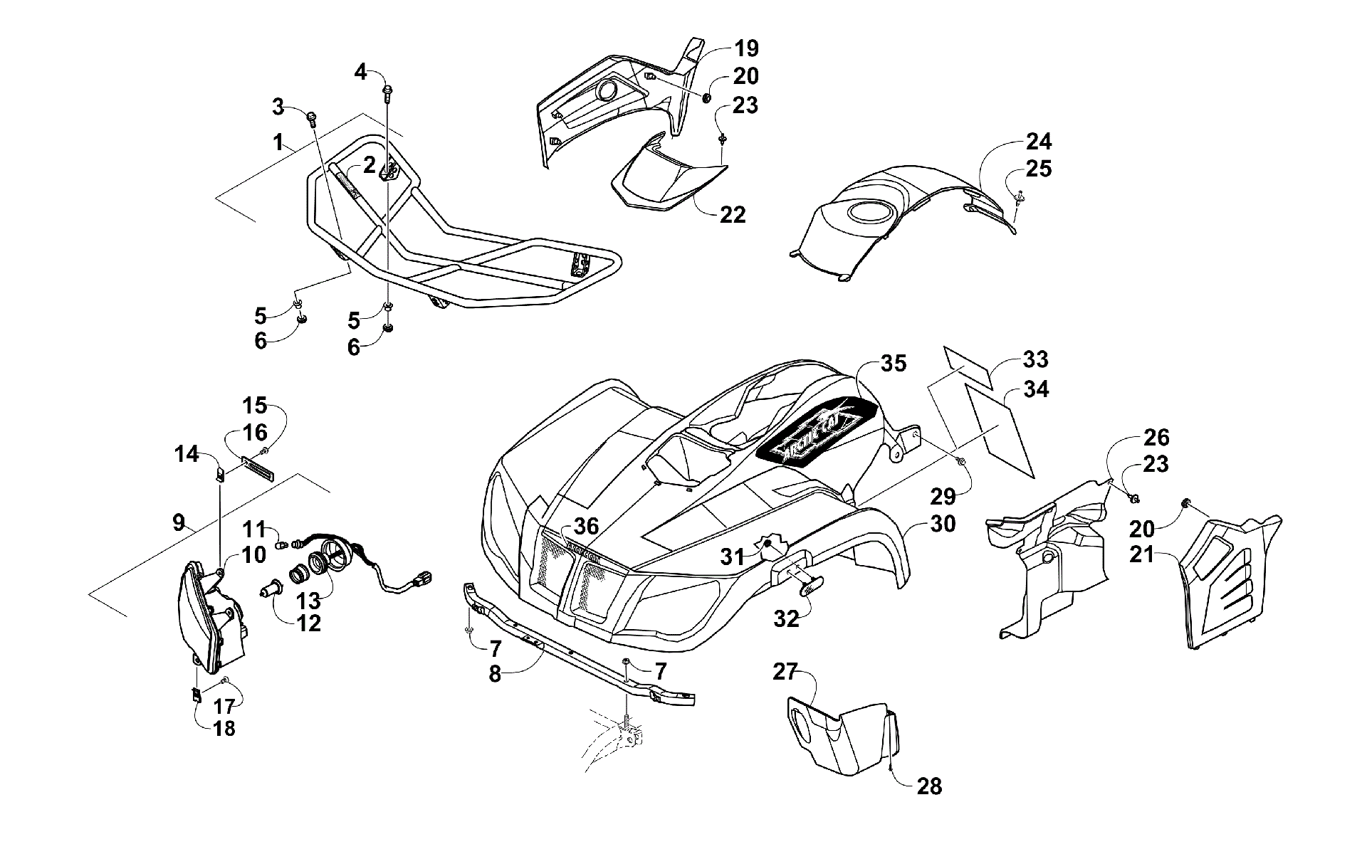 Передняя часть RACK, BODY PANEL, AND HEADLIGHT ASSEMBLIES [300611]