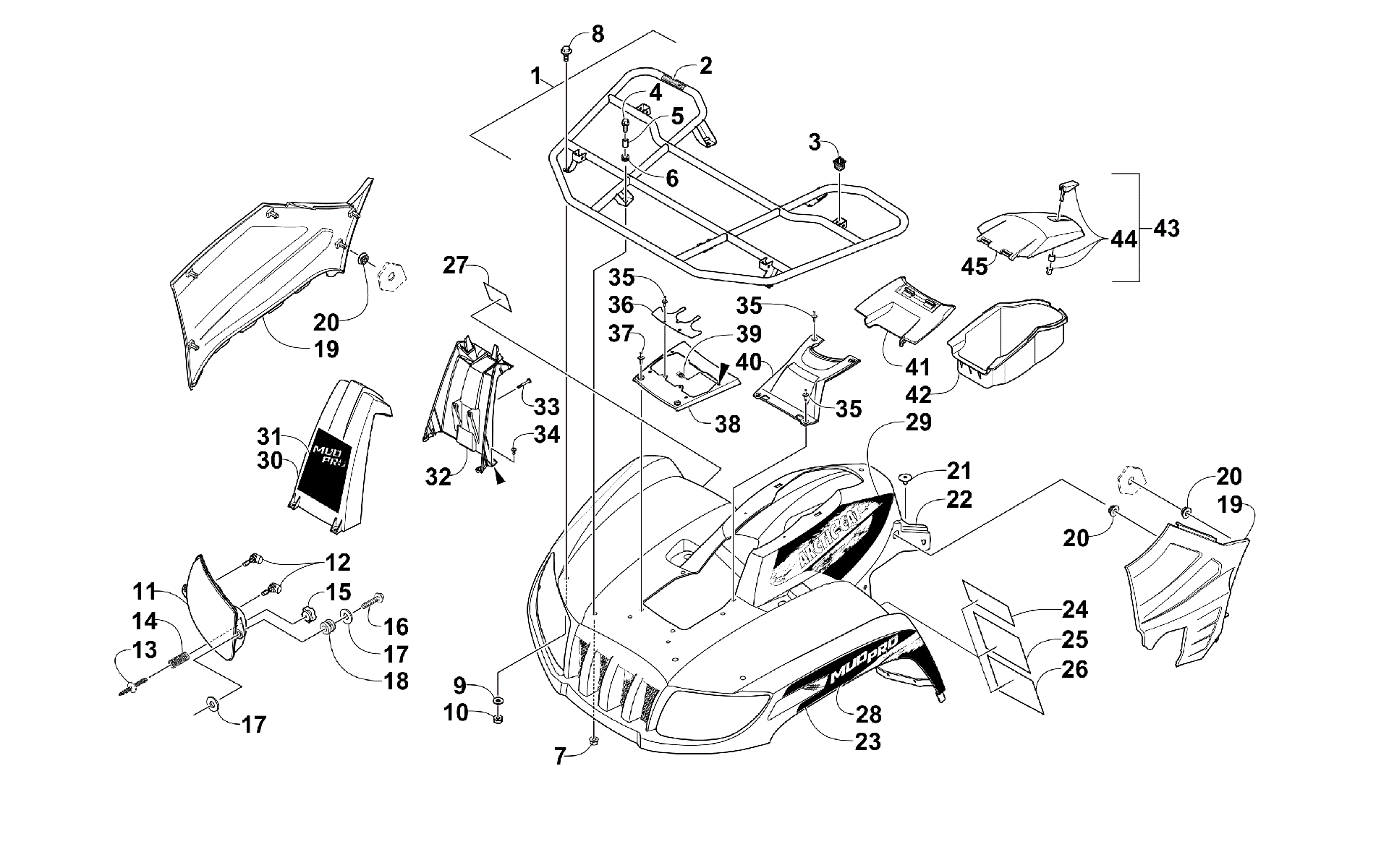 Передняя часть RACK, BODY PANEL, AND HEADLIGHT ASSEMBLIES [300517]