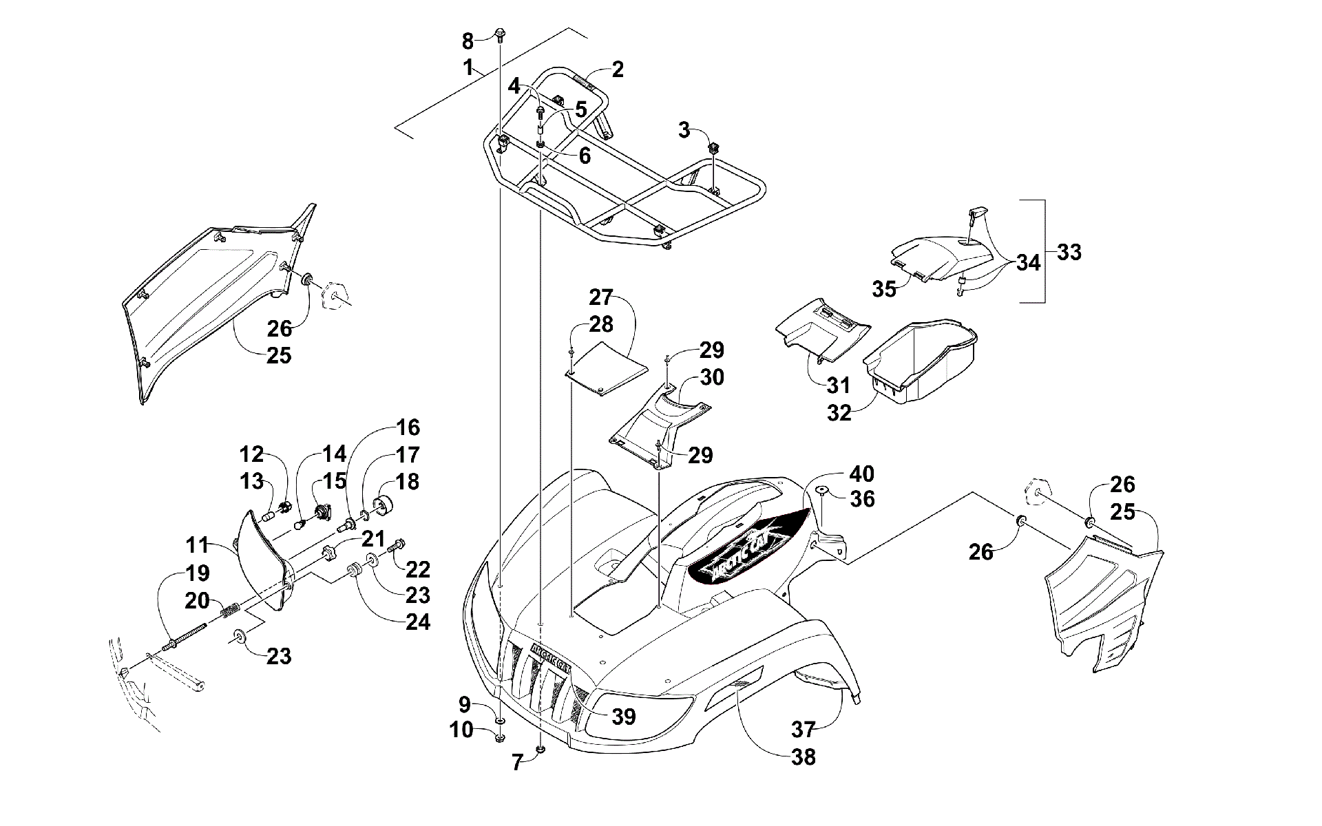 Передняя часть RACK, BODY PANEL, AND HEADLIGHT ASSEMBLIES [300621]