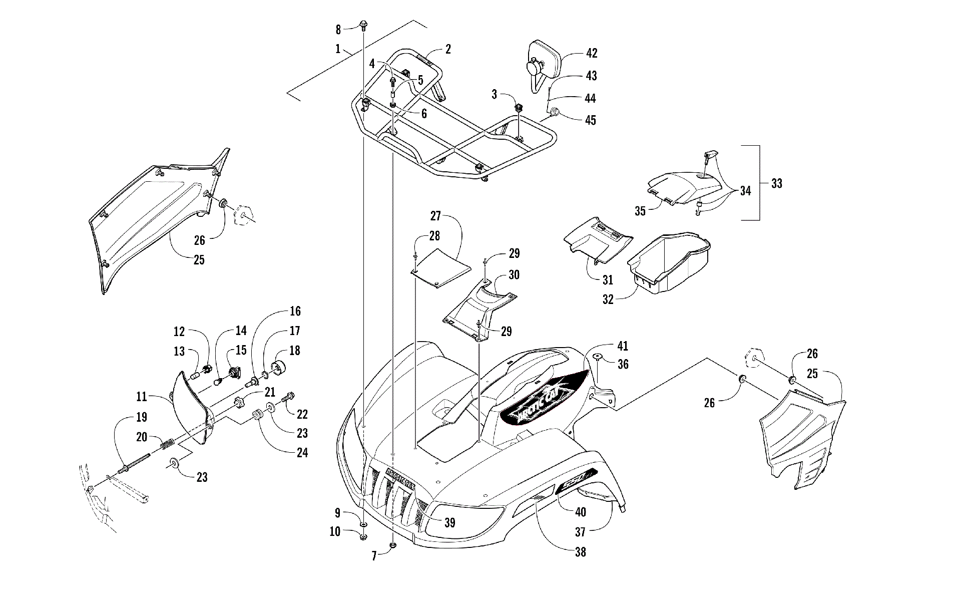 Передняя часть RACK, BODY PANEL, AND HEADLIGHT ASSEMBLIES [301489]