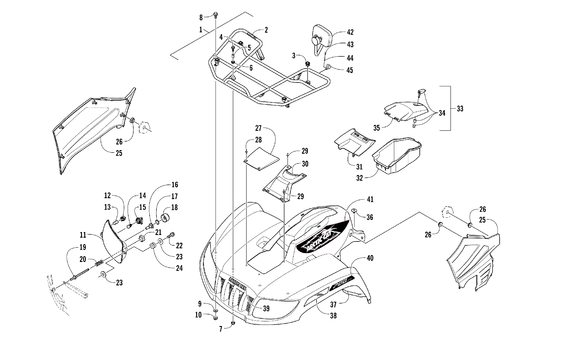Передняя часть RACK, BODY PANEL, AND HEADLIGHT ASSEMBLIES [301481]