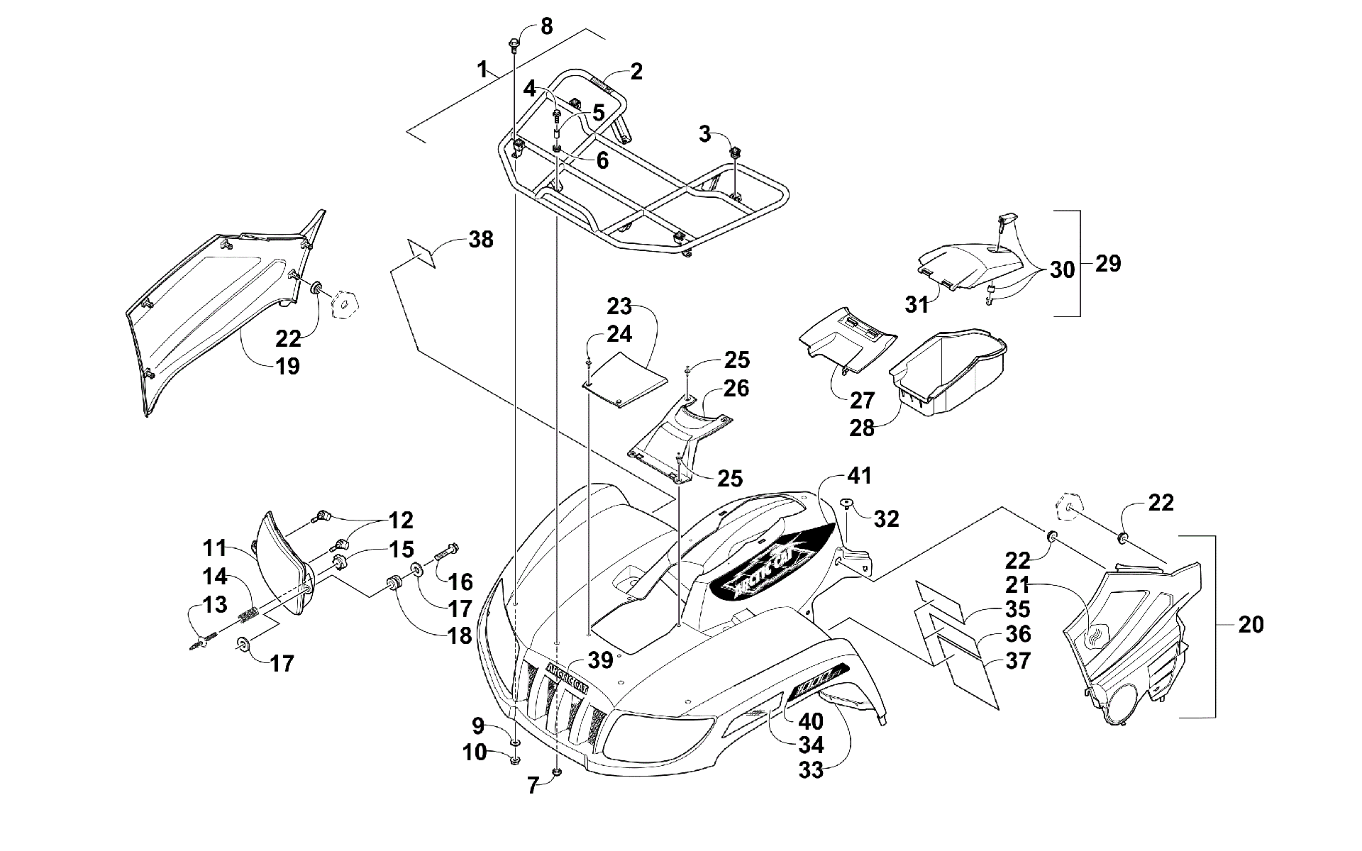 Передняя часть RACK, BODY PANEL, AND HEADLIGHT ASSEMBLIES [300610]