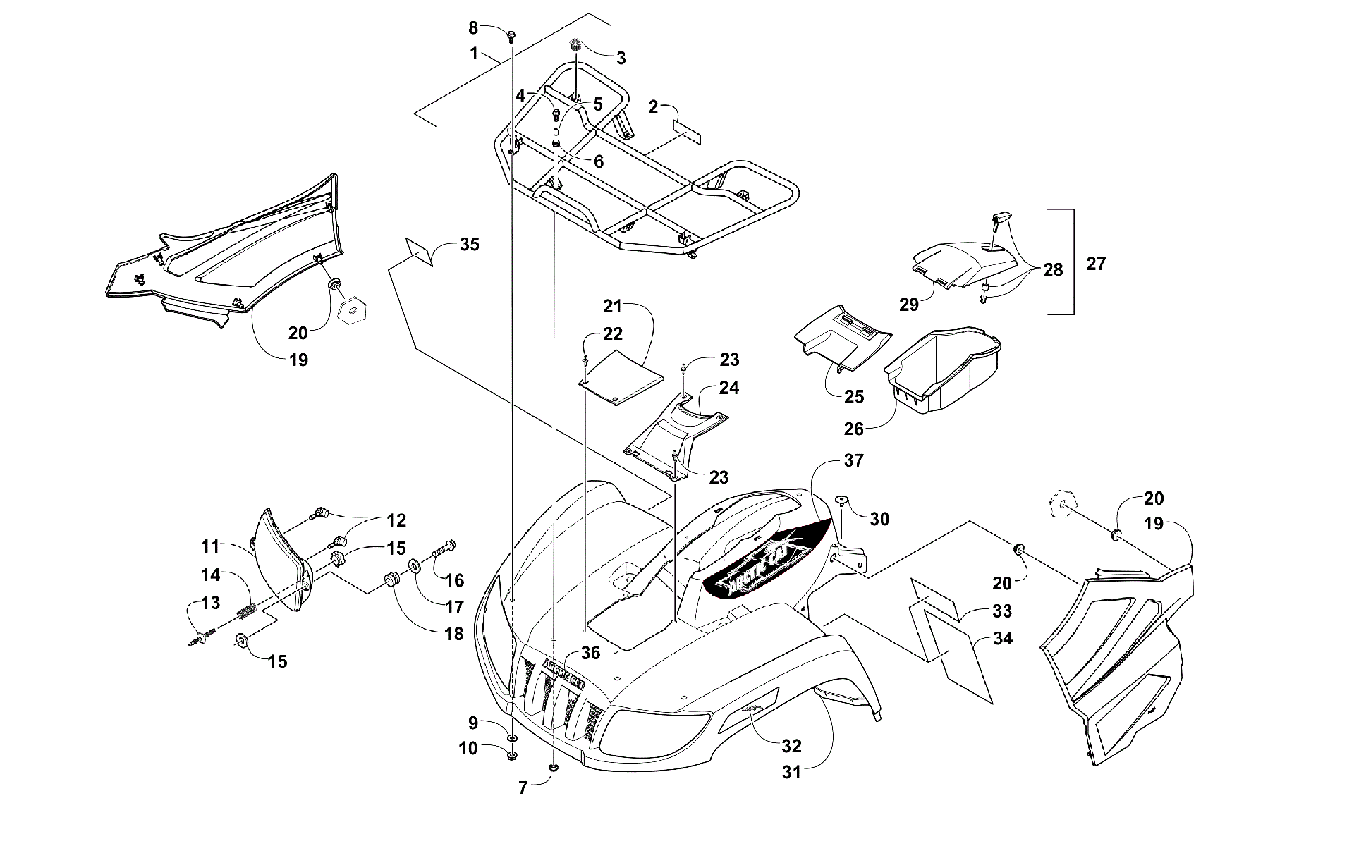 Передняя часть RACK, BODY PANEL, AND HEADLIGHT ASSEMBLIES [300556]