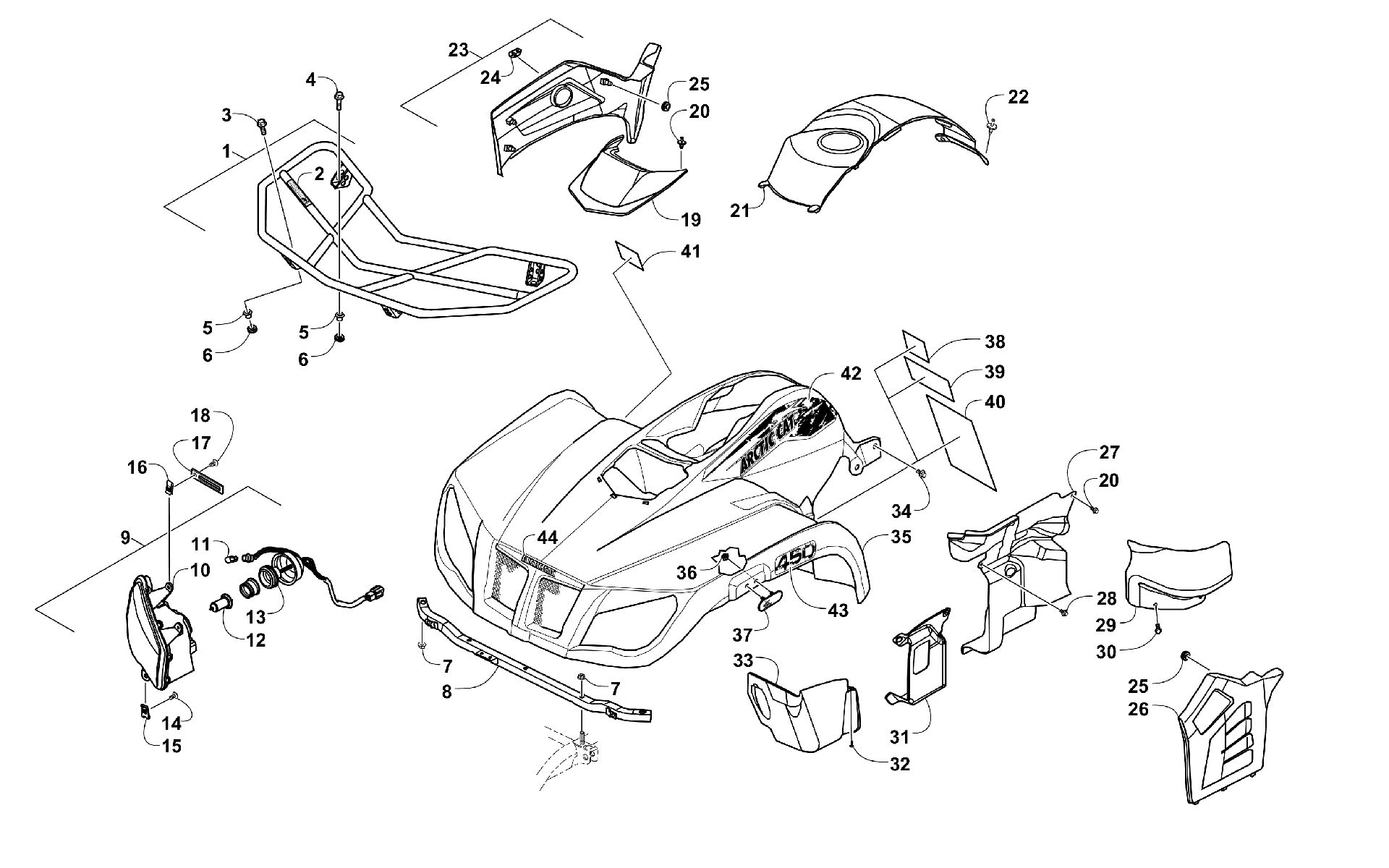 Передняя часть RACK, BODY PANEL, AND HEADLIGHT ASSEMBLIES [100497]