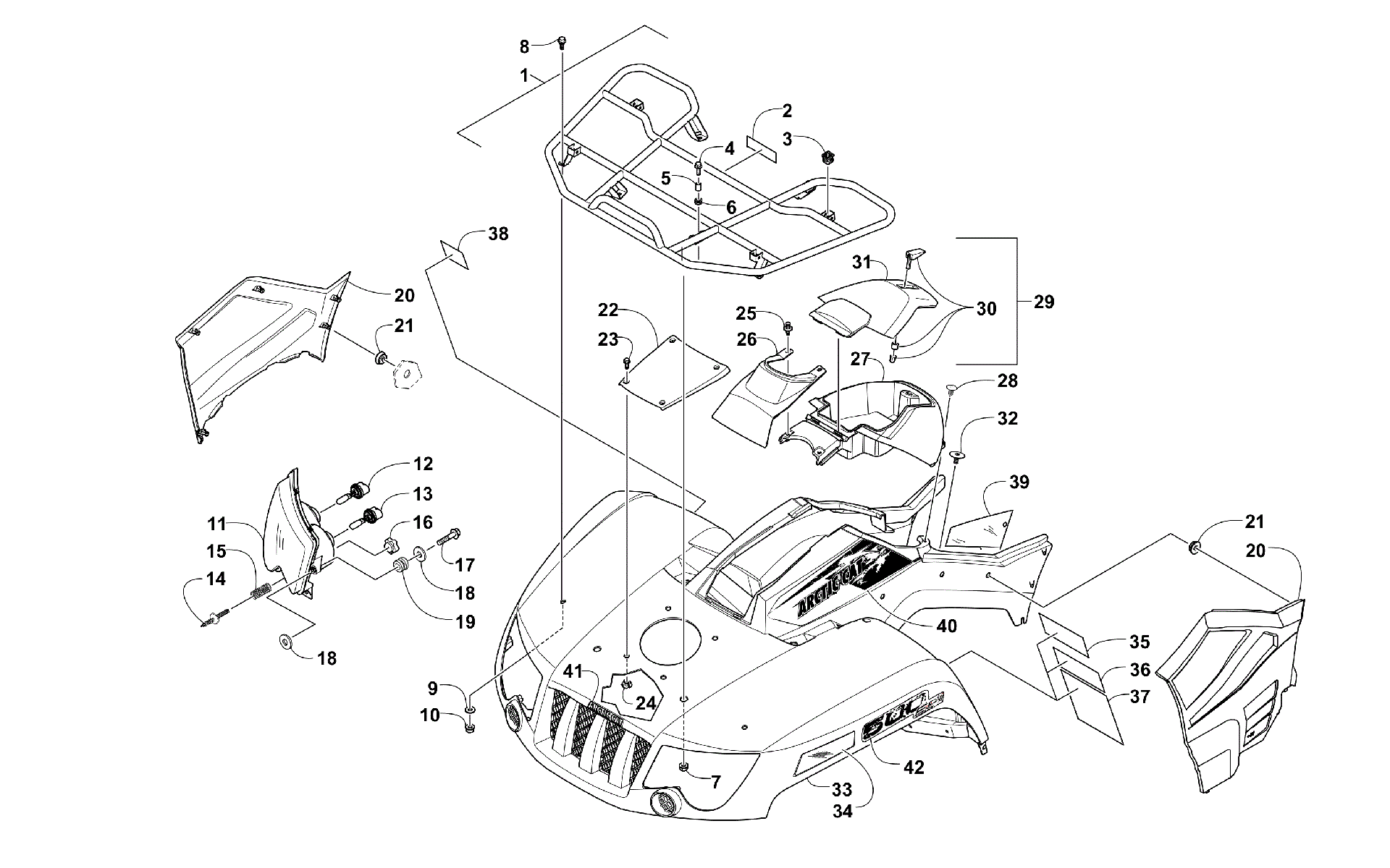 Передняя часть RACK, BODY PANEL, AND HEADLIGHT ASSEMBLIES [99958]