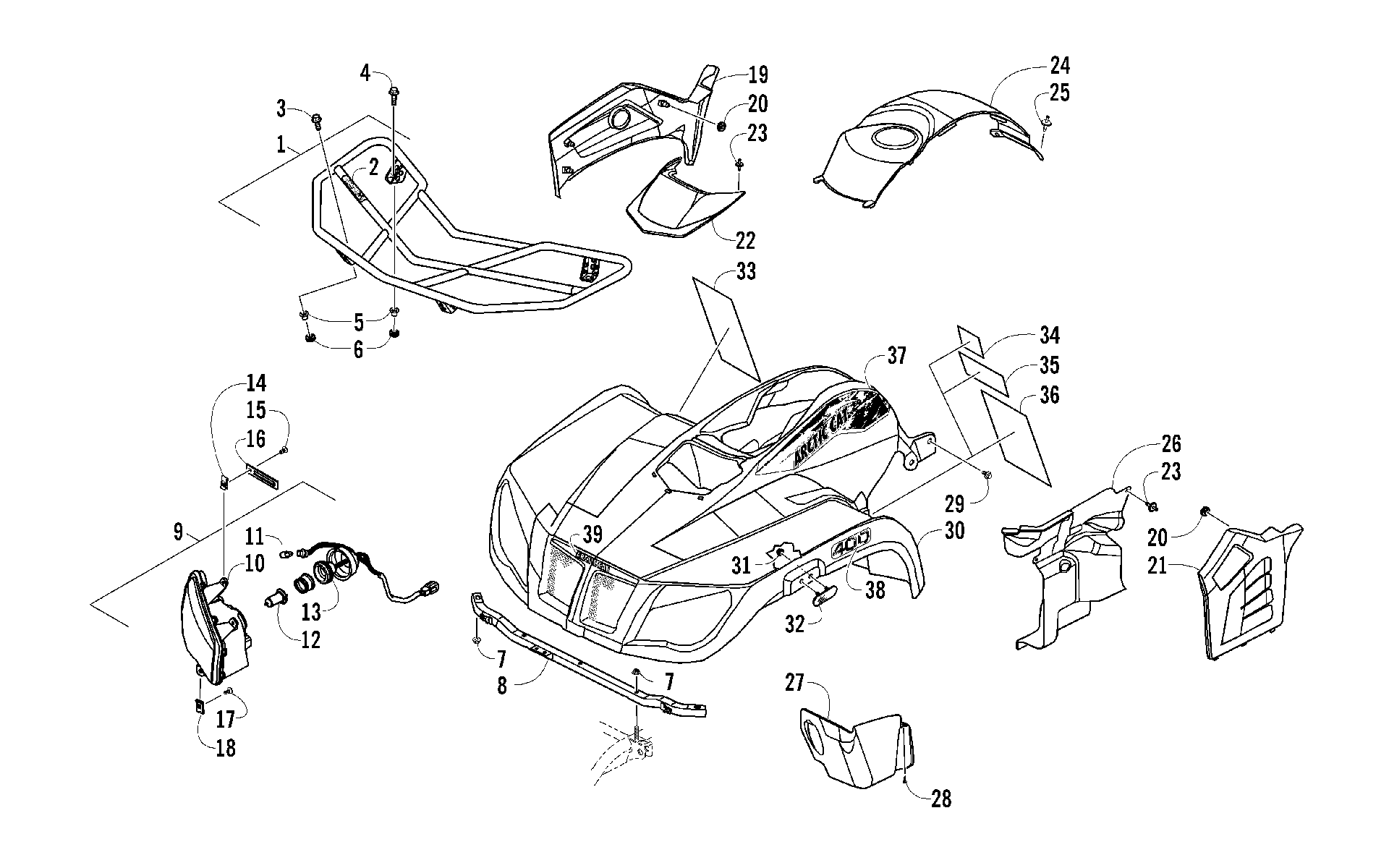 Передняя часть RACK, BODY PANEL, AND HEADLIGHT ASSEMBLIES [100385]
