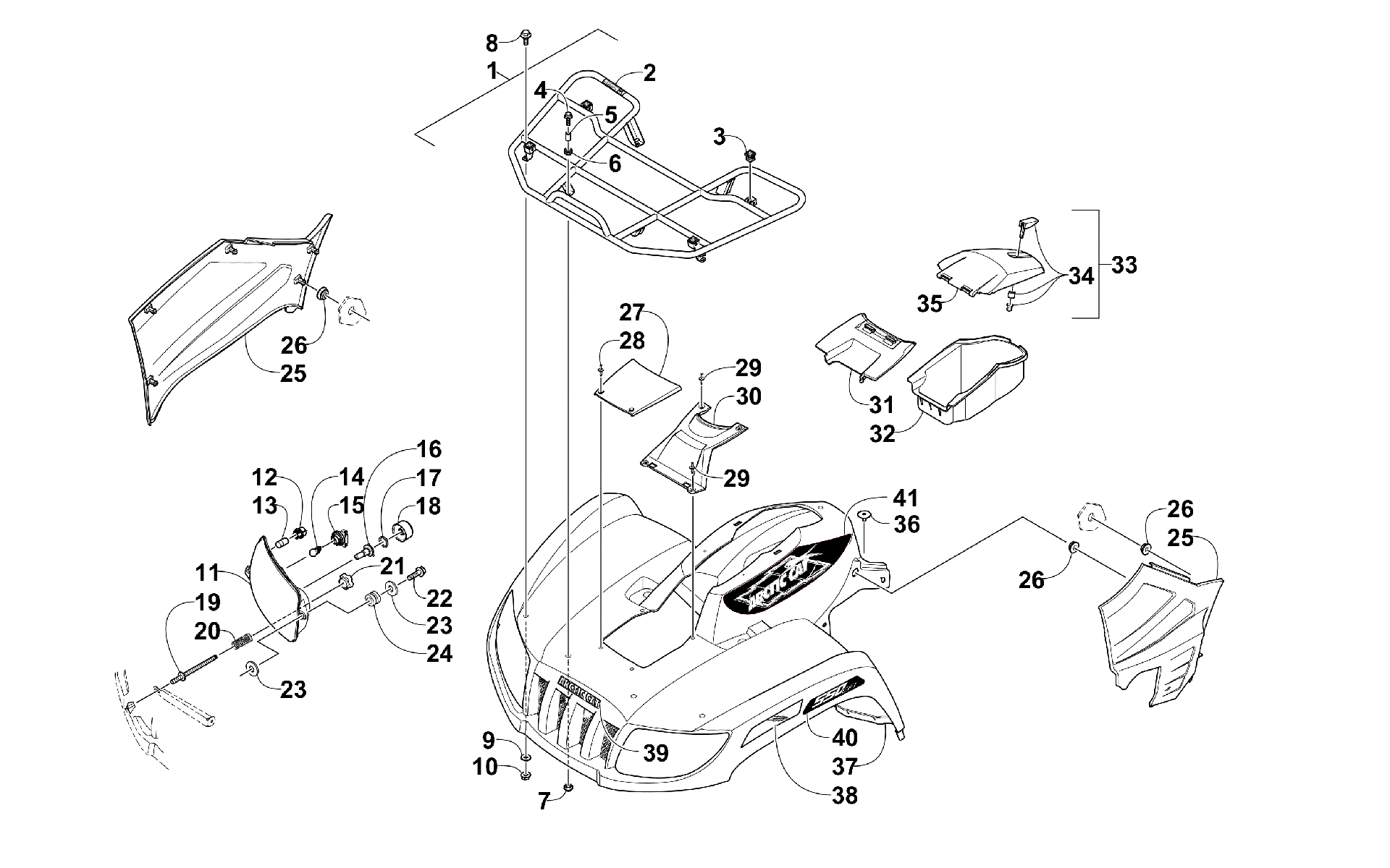 Передняя часть RACK, BODY PANEL, AND HEADLIGHT ASSEMBLIES [300178]
