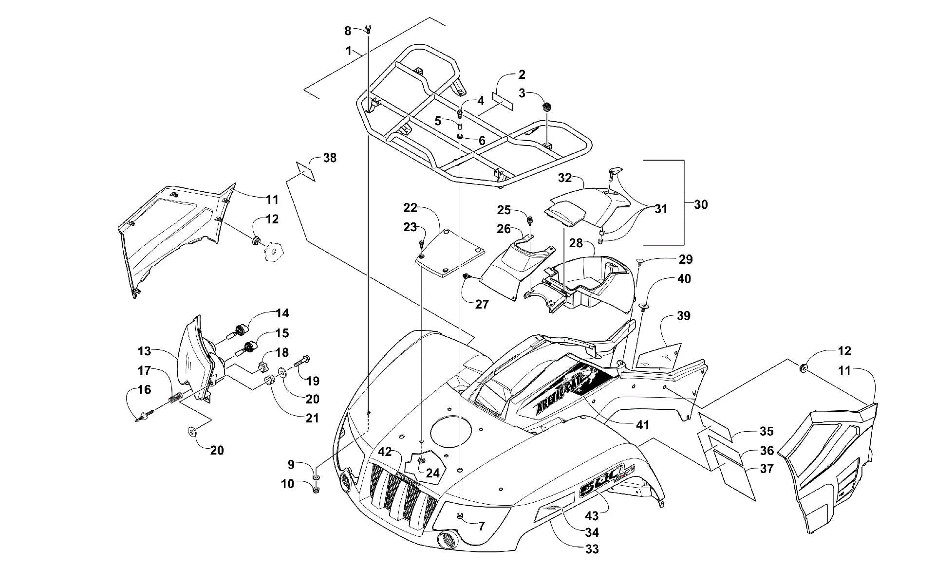 Передняя часть RACK, BODY PANEL, AND HEADLIGHT ASSEMBLIES [99979]
