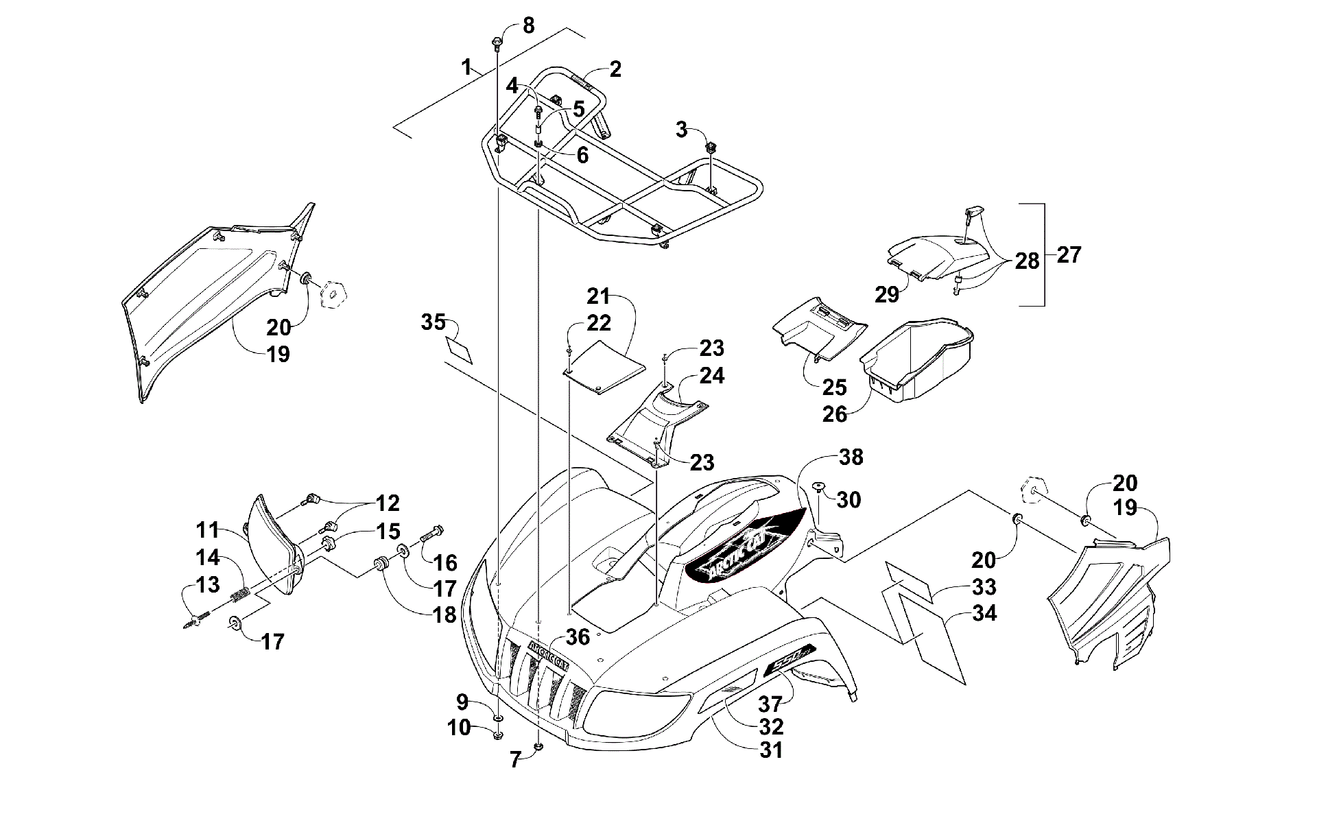 Передняя часть RACK, BODY PANEL, AND HEADLIGHT ASSEMBLIES [300194]
