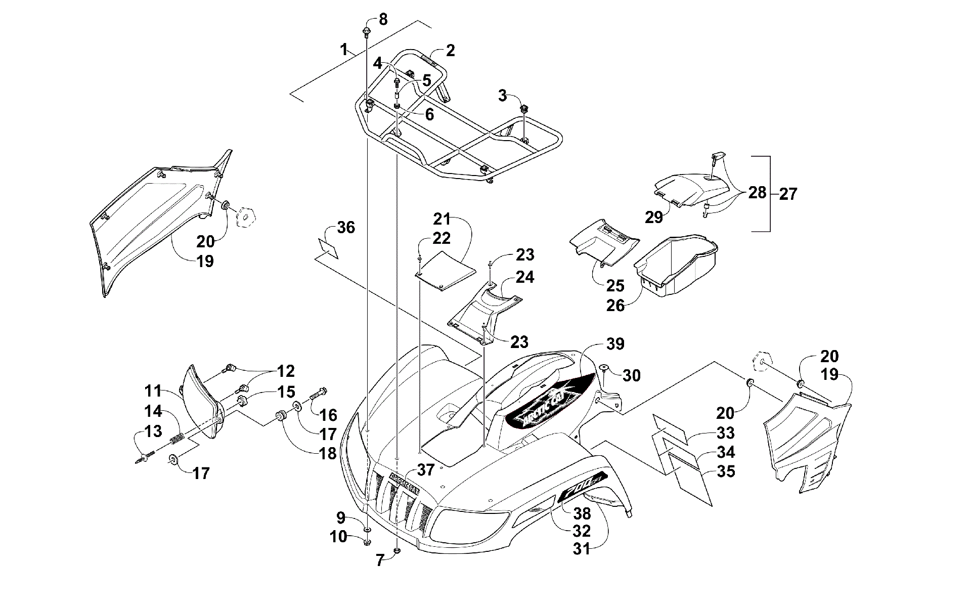 Передняя часть RACK, BODY PANEL, AND HEADLIGHT ASSEMBLIES [300536]