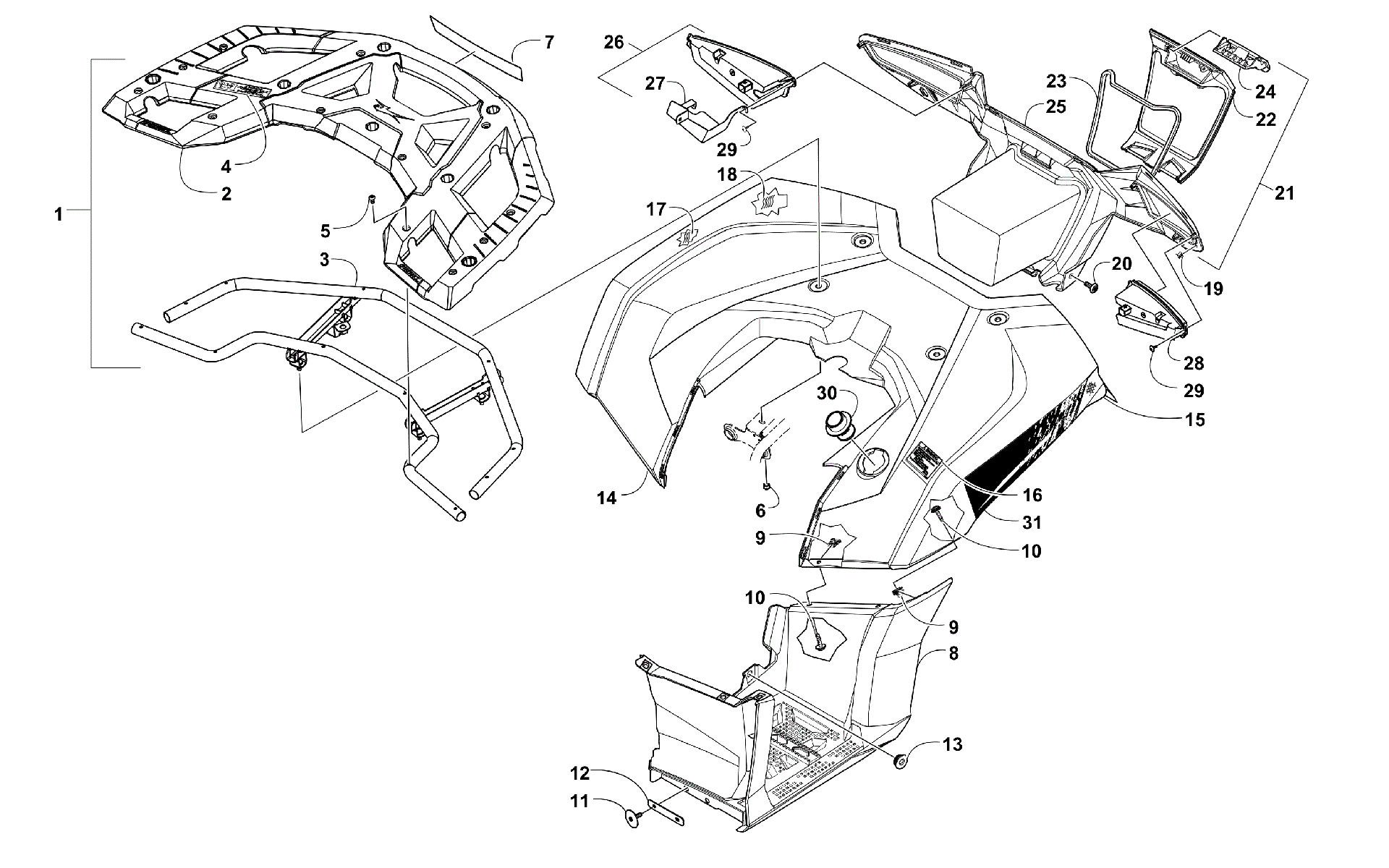 задний RACK, кузов PANEL, FOOTWELL, и TAILLIGHT ASSEMBLIES [300271]