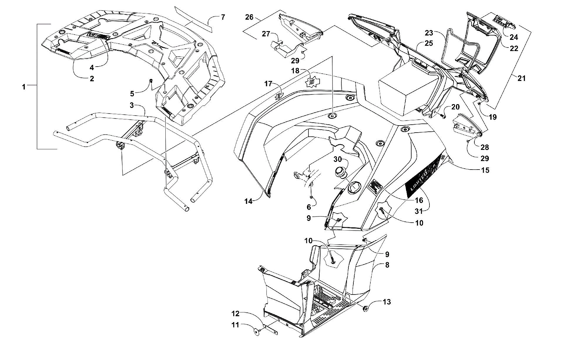 задний RACK, кузов PANEL, FOOTWELL, и TAILLIGHT ASSEMBLIES [300813]