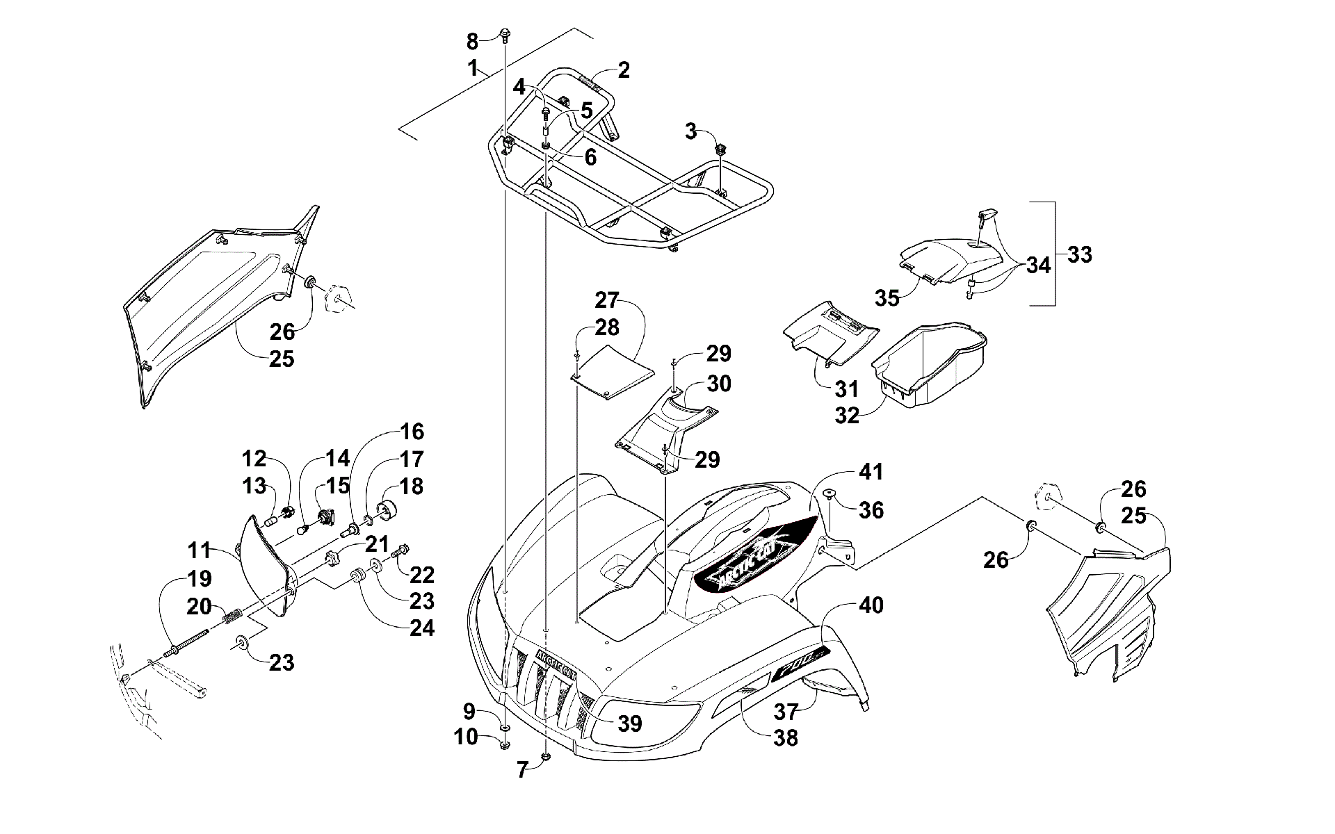 Передняя часть RACK, BODY PANEL, AND HEADLIGHT ASSEMBLIES [300098]