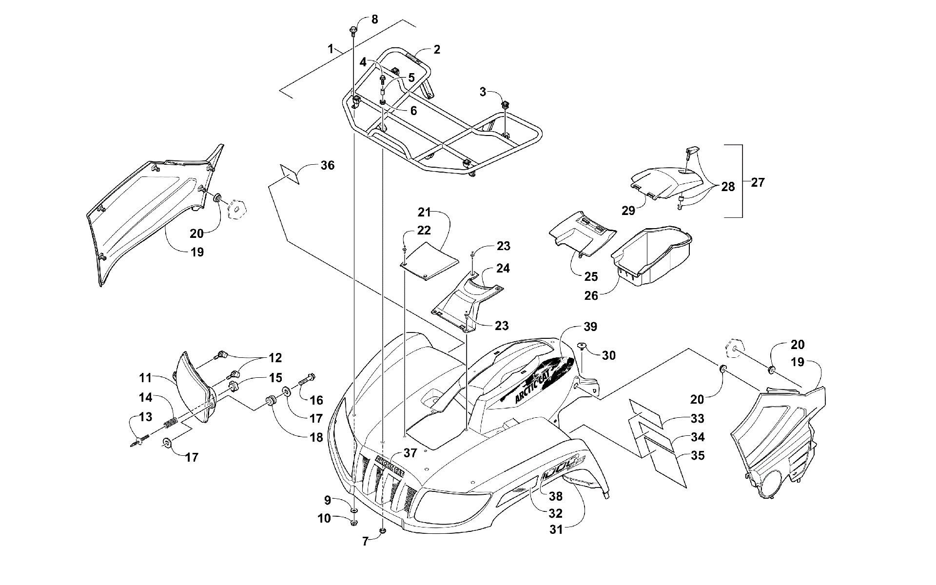Передняя часть RACK, BODY PANEL, AND HEADLIGHT ASSEMBLIES [100131]