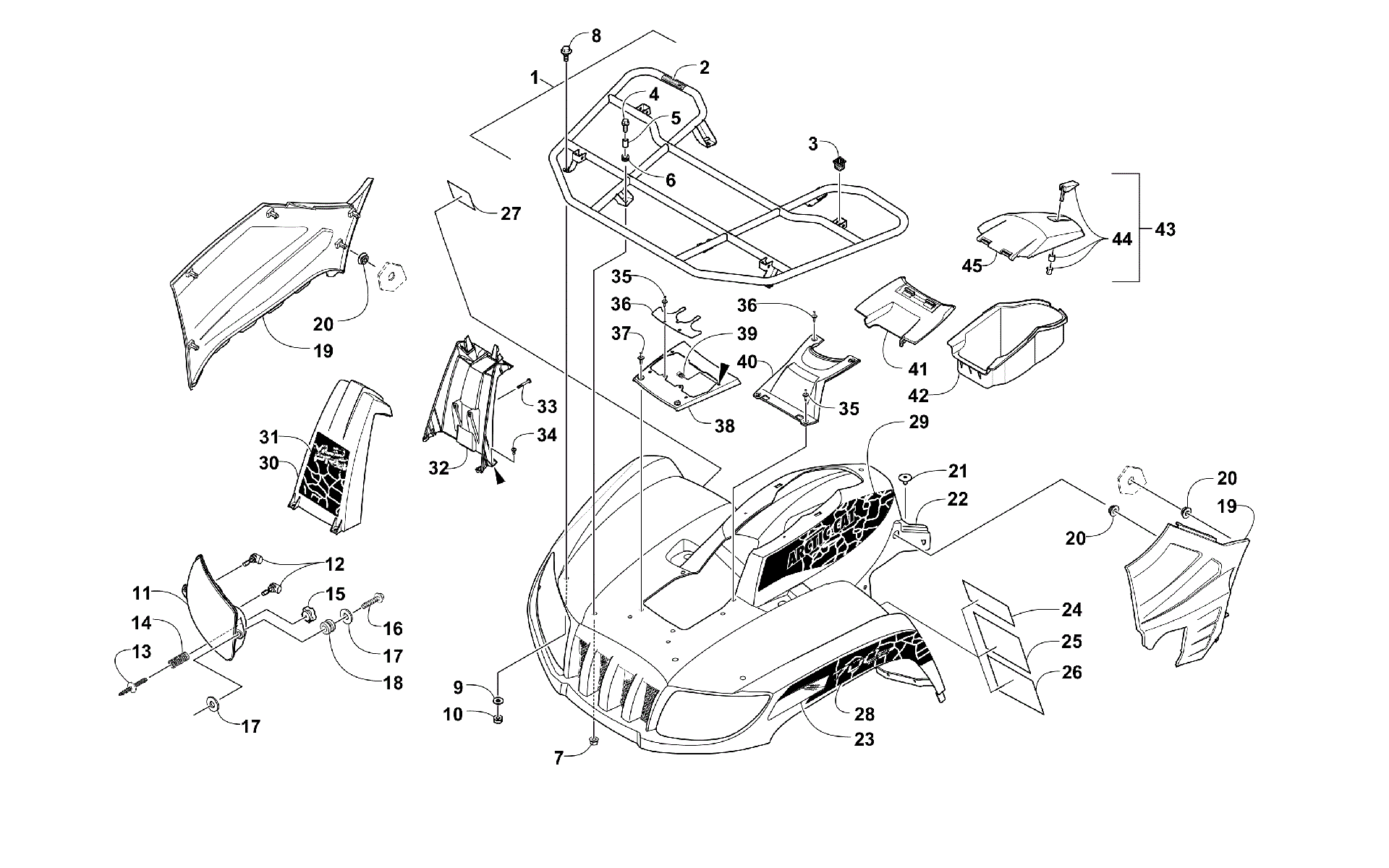 Передняя часть RACK, BODY PANEL, AND HEADLIGHT ASSEMBLIES [100350]