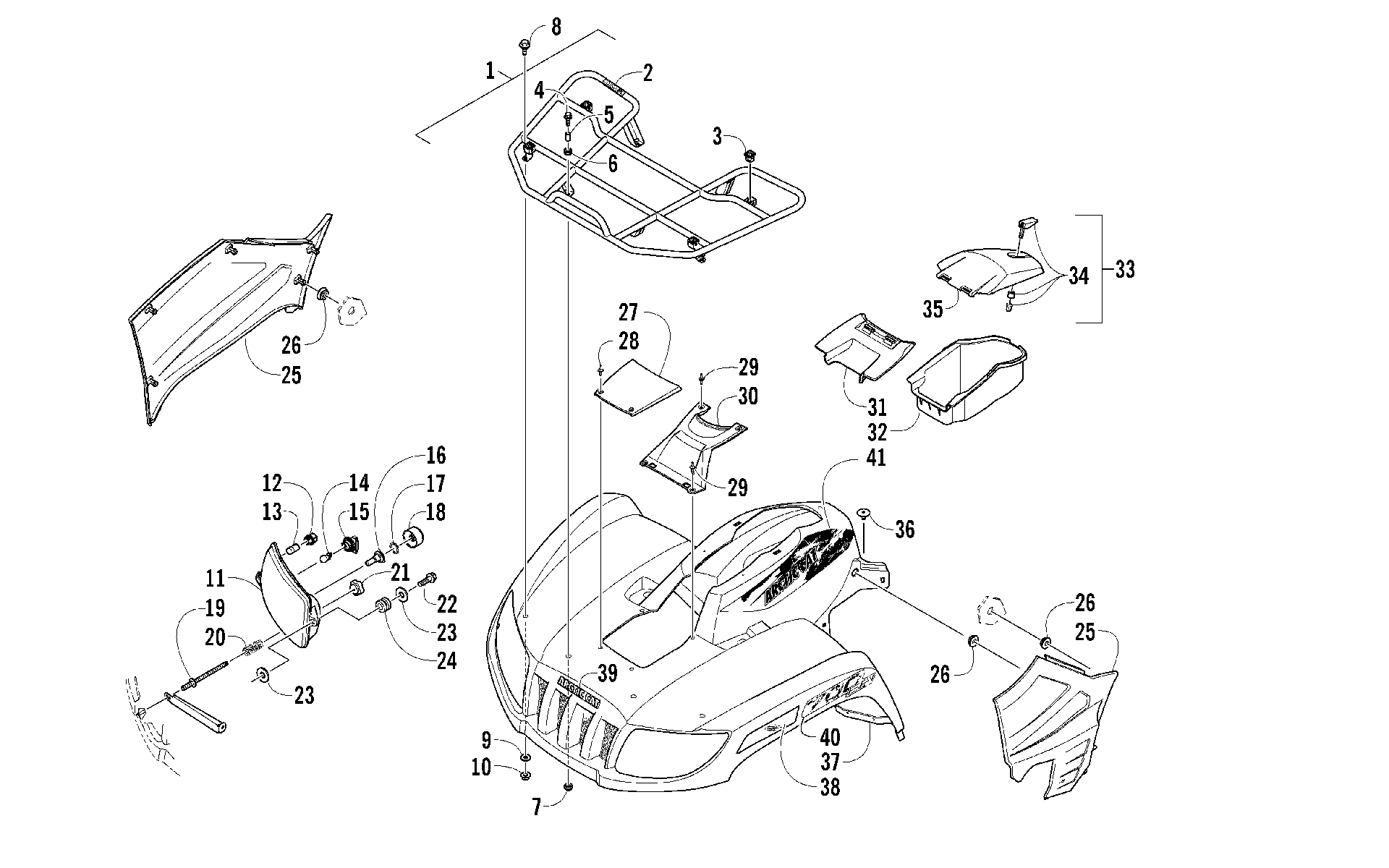 Передняя часть RACK, BODY PANEL, AND HEADLIGHT ASSEMBLIES [100295]