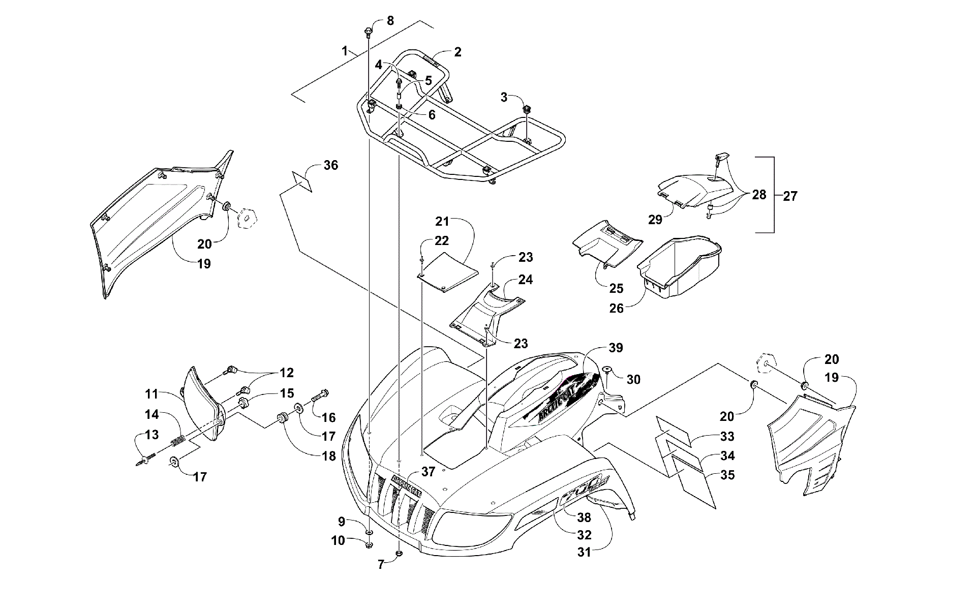 Передняя часть RACK, BODY PANEL, AND HEADLIGHT ASSEMBLIES [100266]