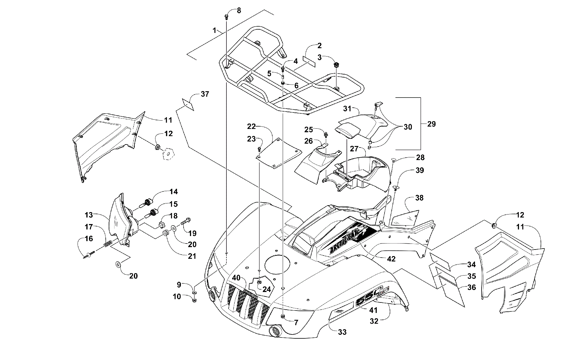Передняя часть RACK, BODY PANEL, AND HEADLIGHT ASSEMBLIES [99922]