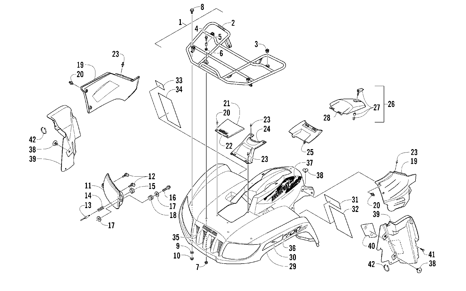 Передняя часть RACK, BODY PANEL, AND HEADLIGHT ASSEMBLIES [100327]