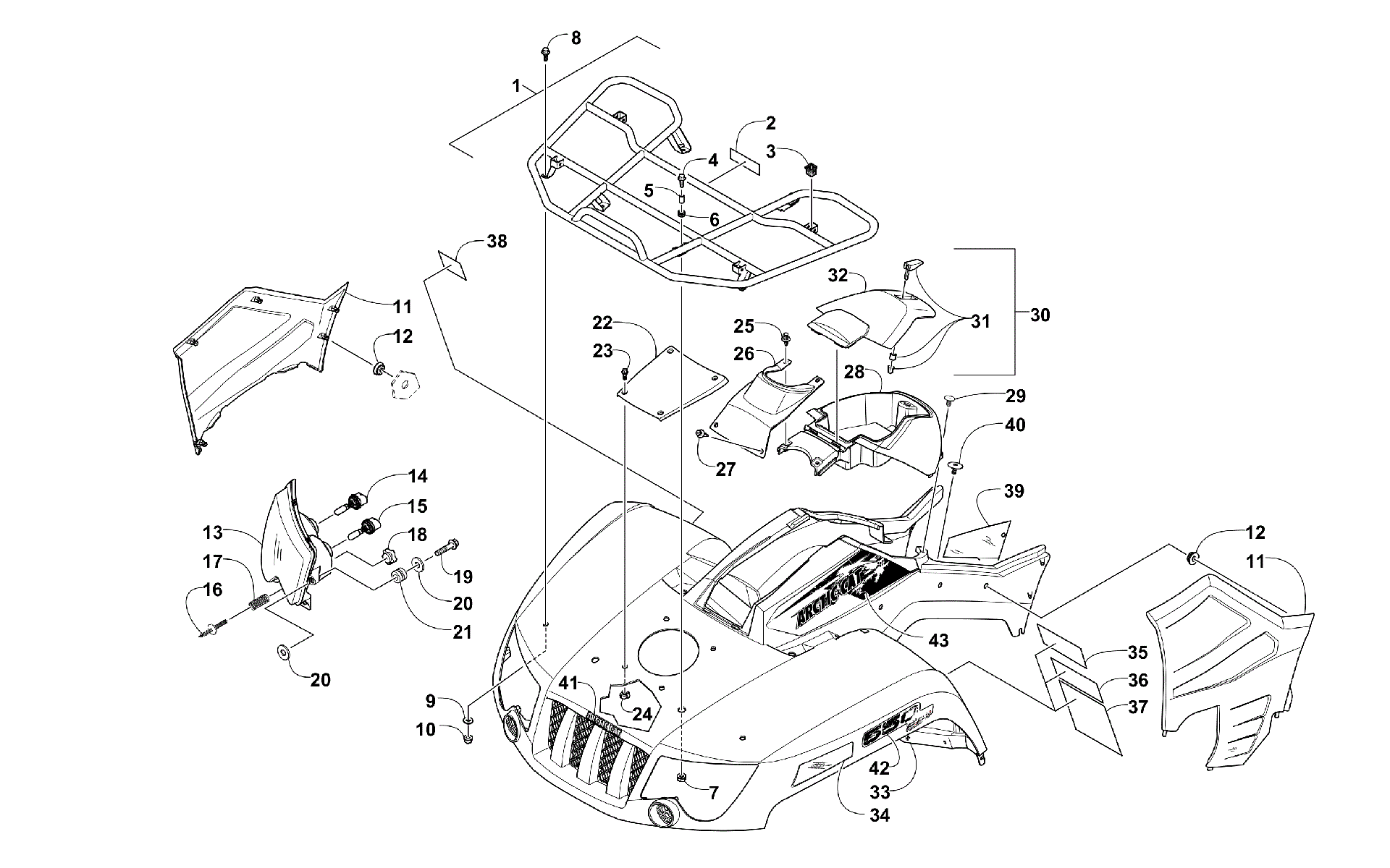 Передняя часть RACK, BODY PANEL, AND HEADLIGHT ASSEMBLIES [99936]
