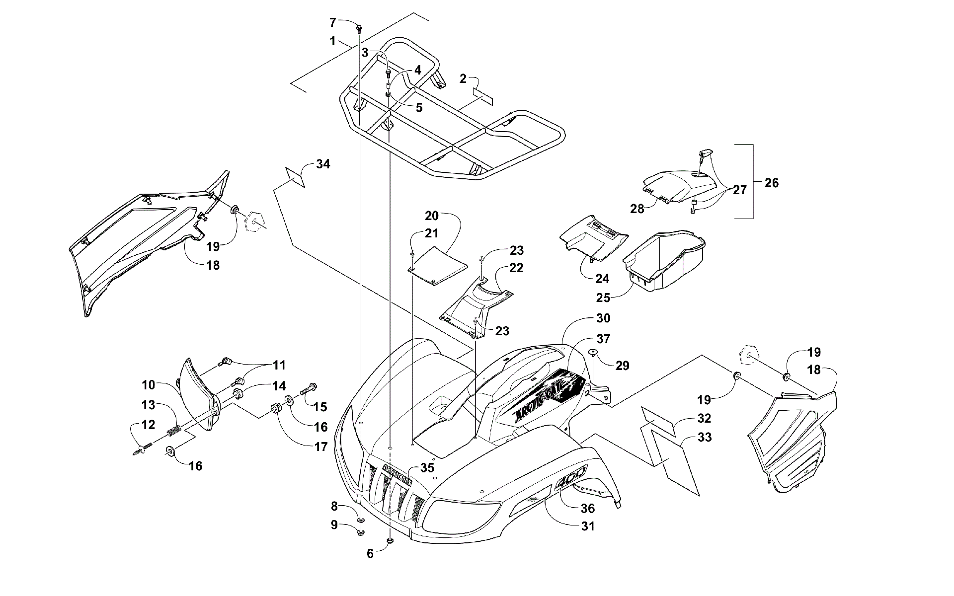 Передняя часть RACK, BODY PANEL, AND HEADLIGHT ASSEMBLIES [100722]