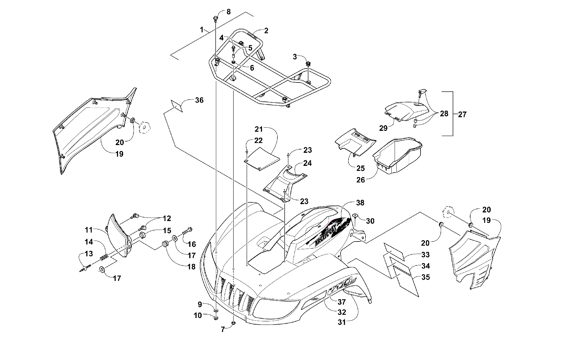 Передняя часть RACK, BODY PANEL, AND HEADLIGHT ASSEMBLIES [99747]
