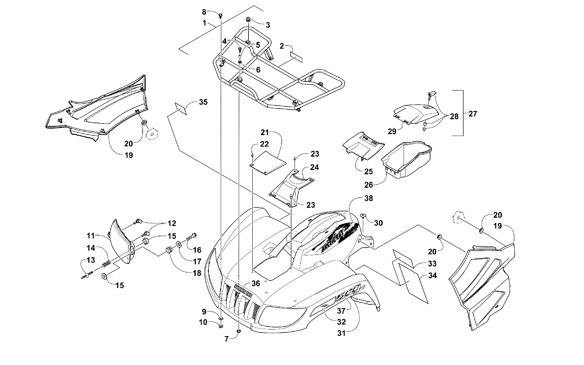 Передняя часть RACK, BODY PANEL, AND HEADLIGHT ASSEMBLIES [100062]