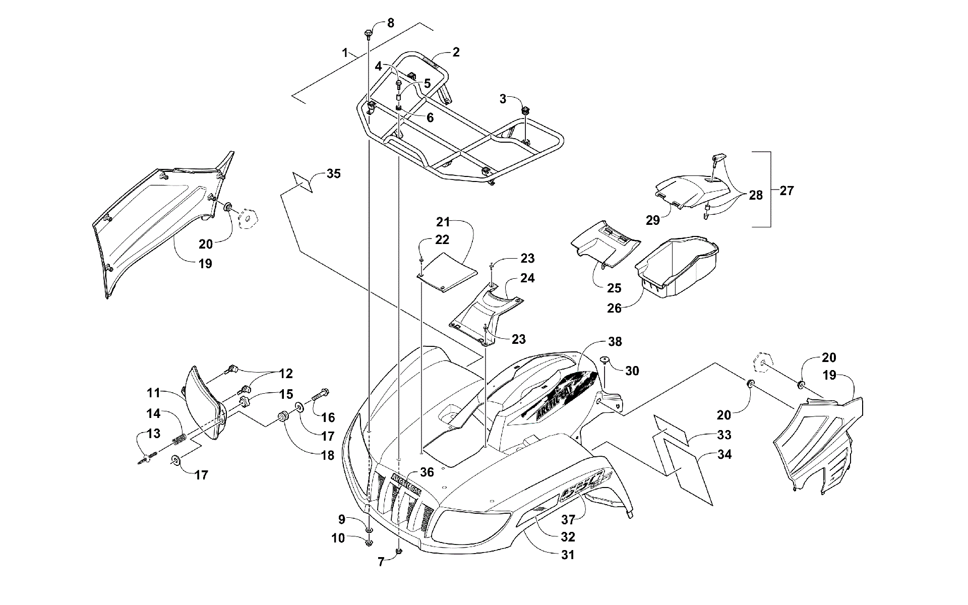 Передняя часть RACK, BODY PANEL, AND HEADLIGHT ASSEMBLIES [99782]