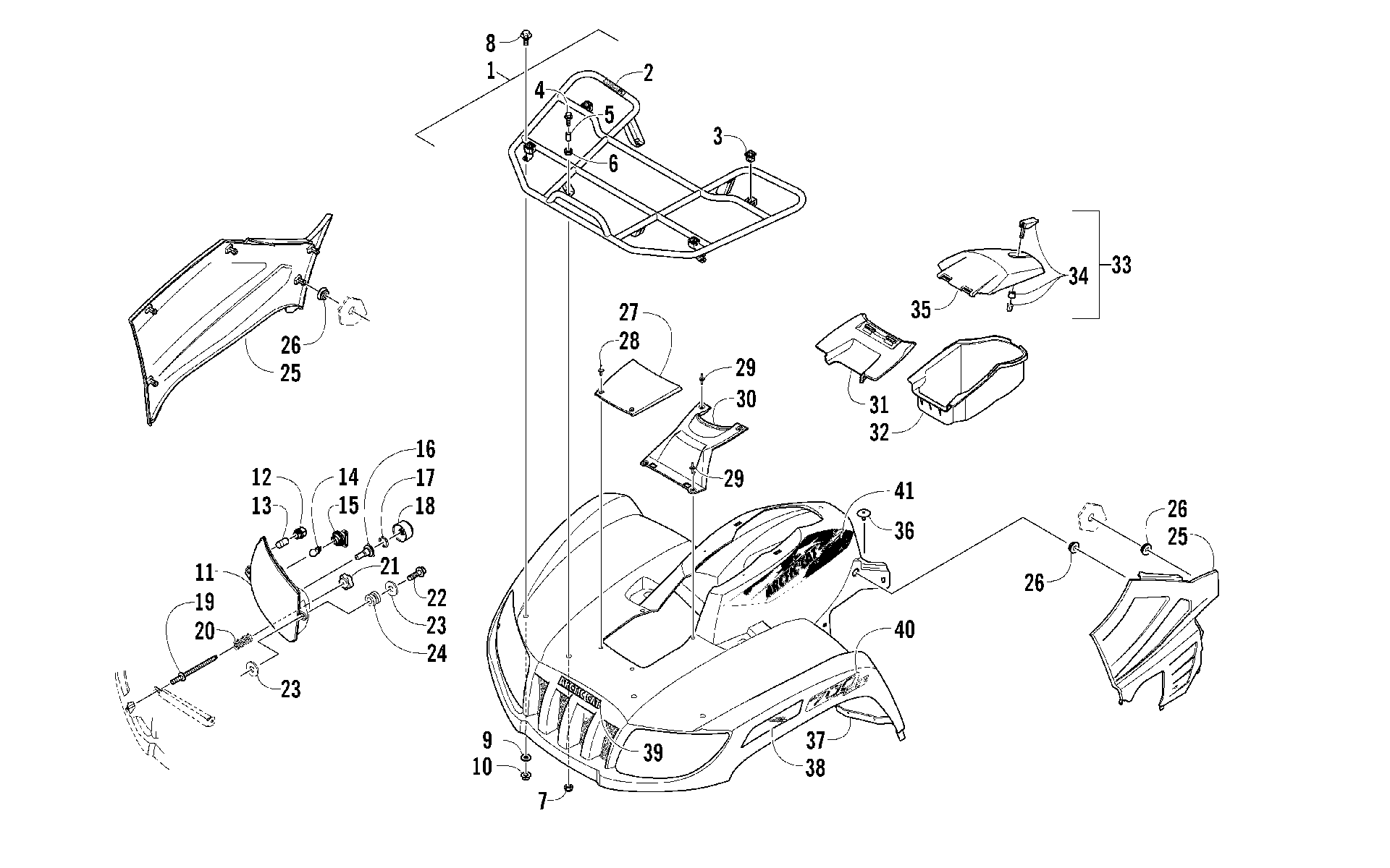Передняя часть RACK, BODY PANEL, AND HEADLIGHT ASSEMBLIES [100222]