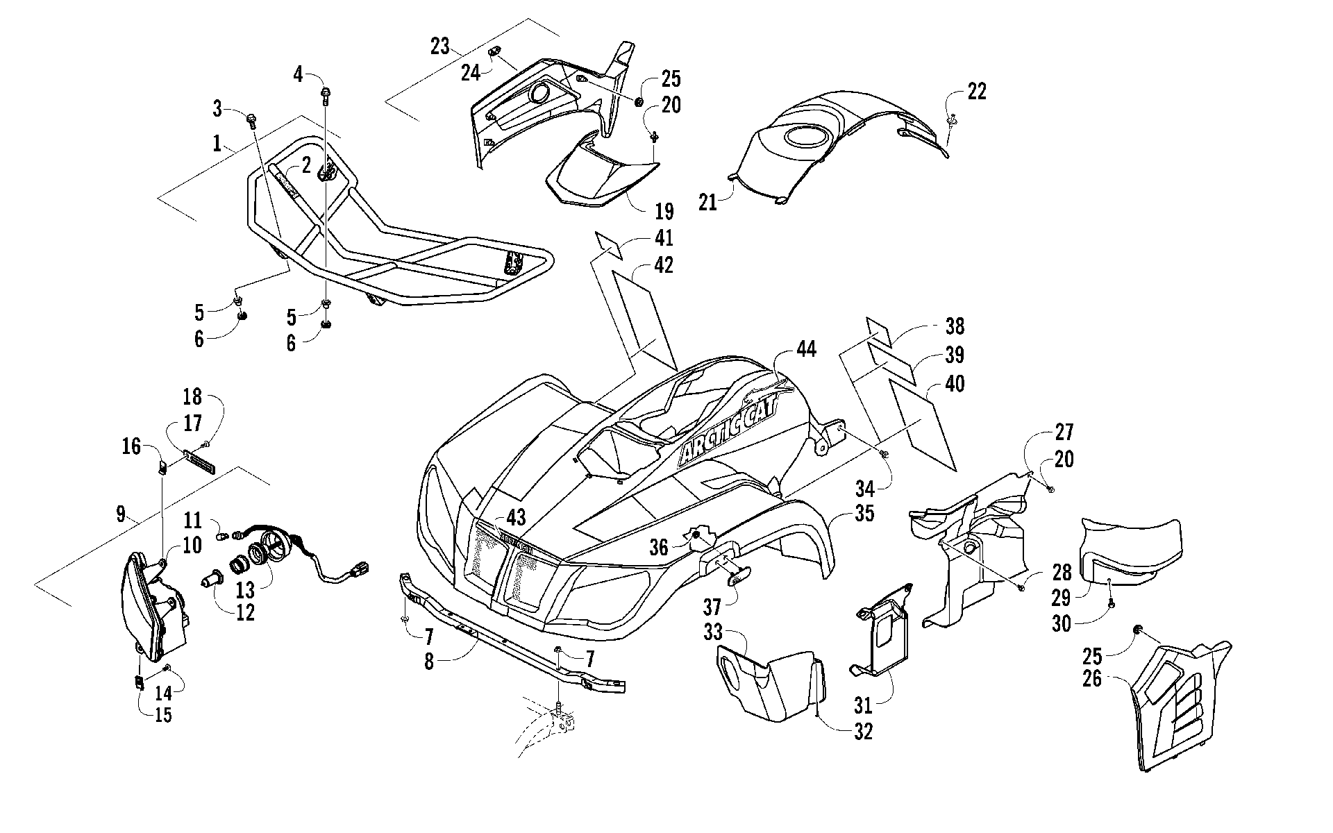 Передняя часть RACK, BODY PANEL, AND HEADLIGHT ASSEMBLIES [97676]