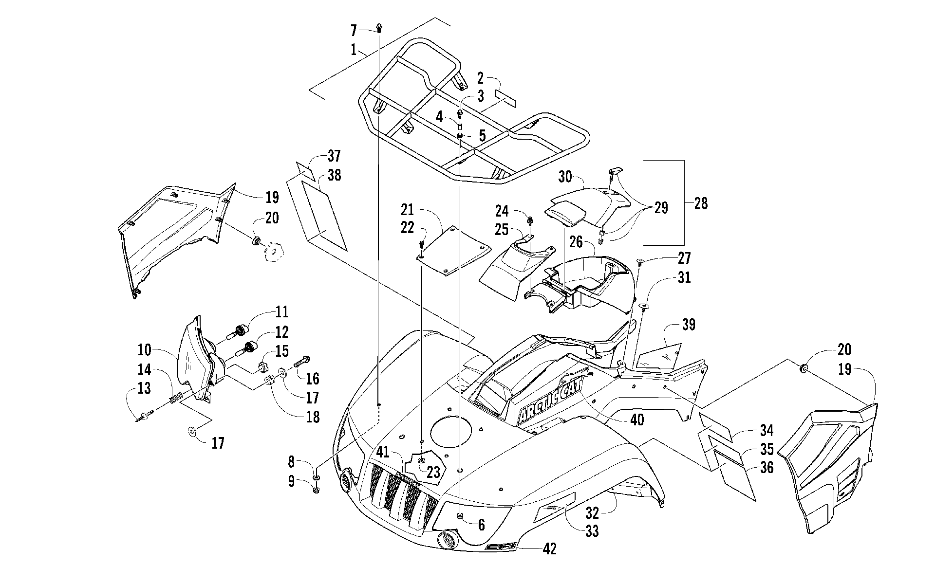 Передняя часть RACK, BODY PANEL, AND HEADLIGHT ASSEMBLIES [97325]