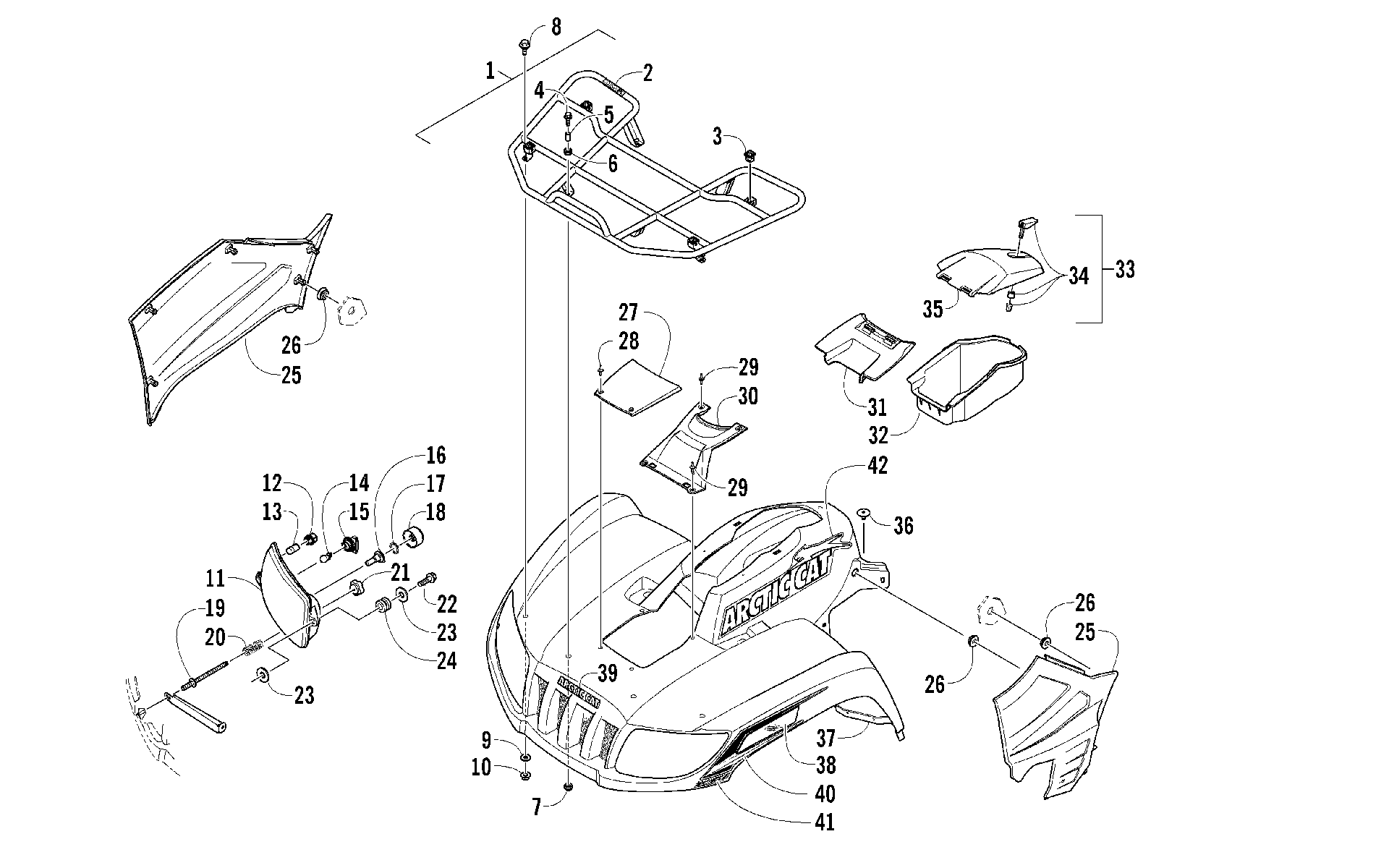 Передняя часть RACK, BODY PANEL, AND HEADLIGHT ASSEMBLIES [97023]