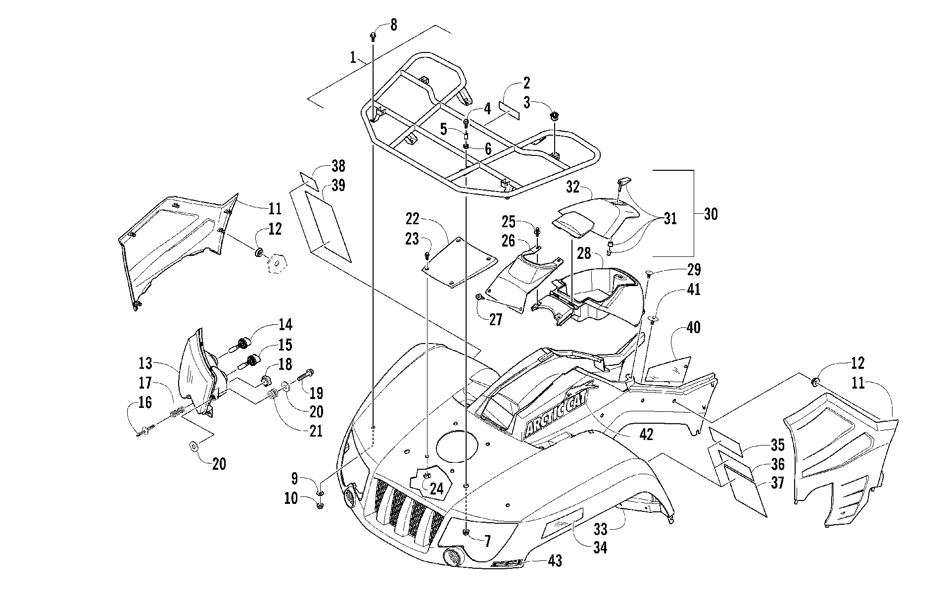 Передняя часть RACK, BODY PANEL, AND HEADLIGHT ASSEMBLIES [97330]