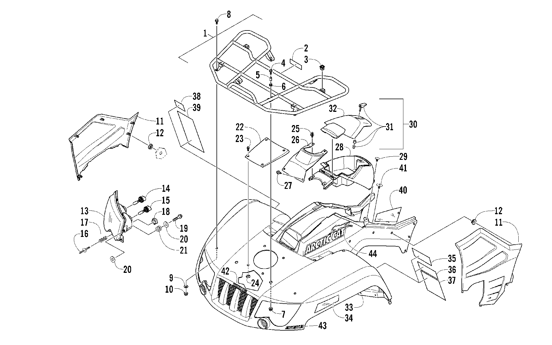 Передняя часть RACK, BODY PANEL, AND HEADLIGHT ASSEMBLIES [97179]