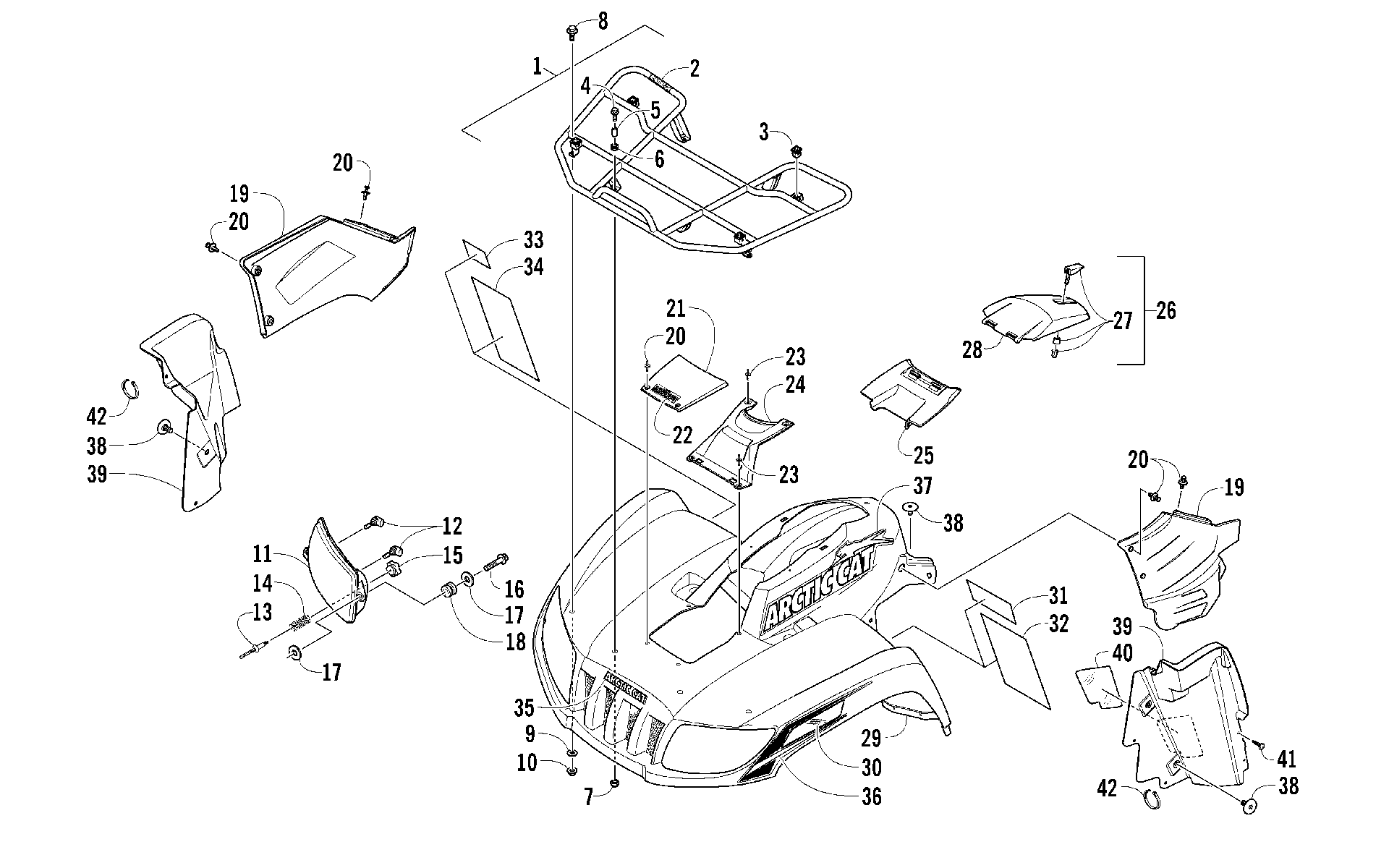 Передняя часть RACK, BODY PANEL, AND HEADLIGHT ASSEMBLIES [97609]