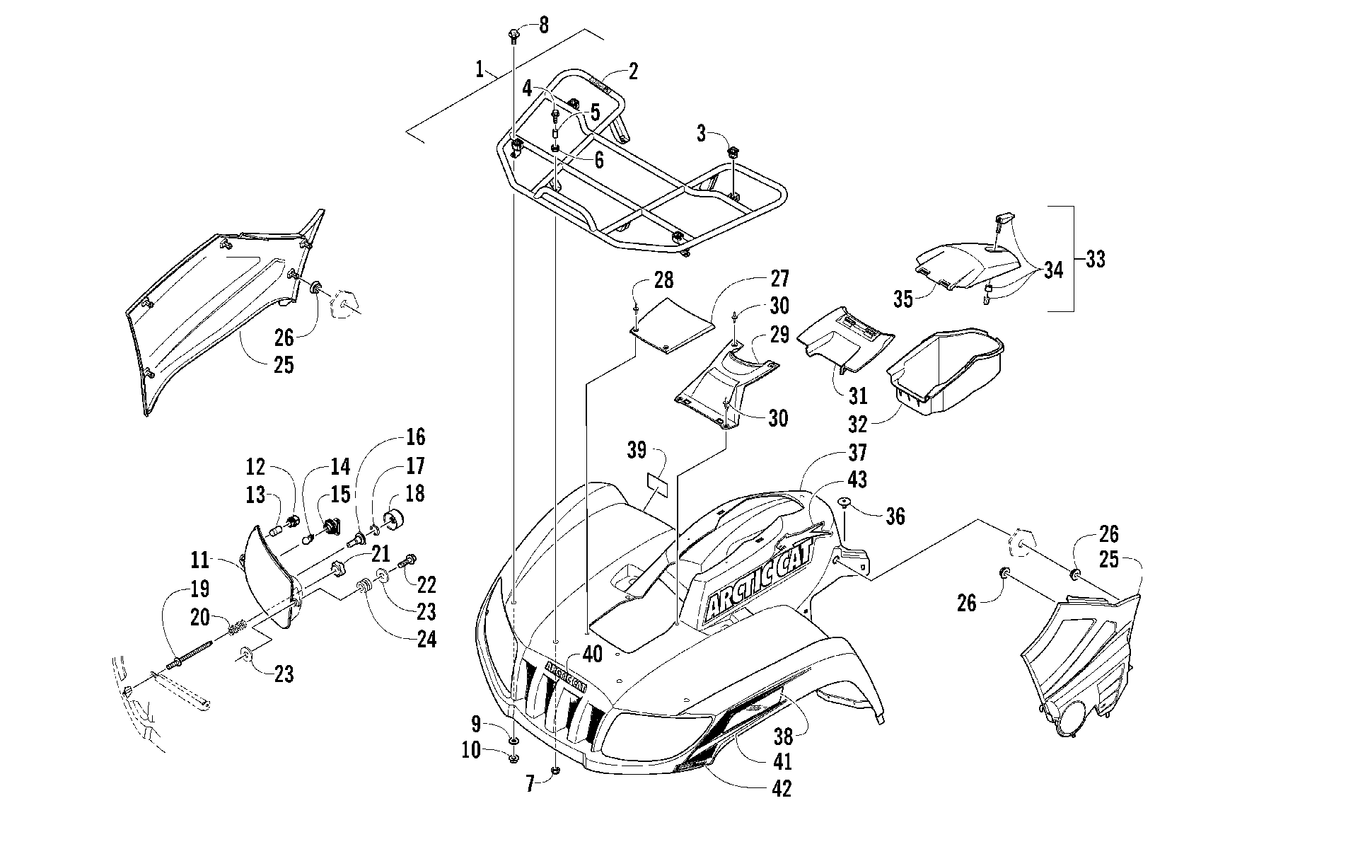Передняя часть RACK, BODY PANEL, AND HEADLIGHT ASSEMBLIES [97399]