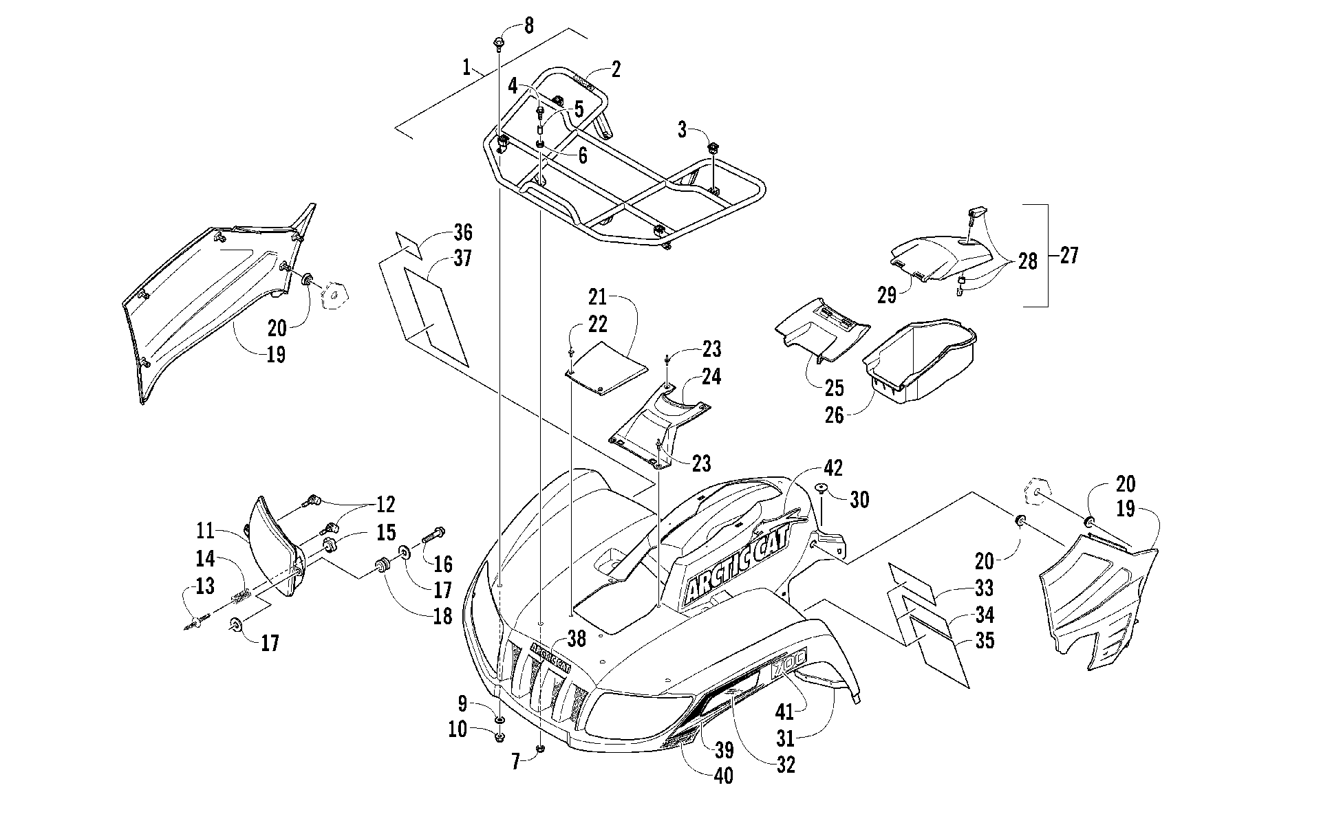 Передняя часть RACK, BODY PANEL, AND HEADLIGHT ASSEMBLIES [97600]