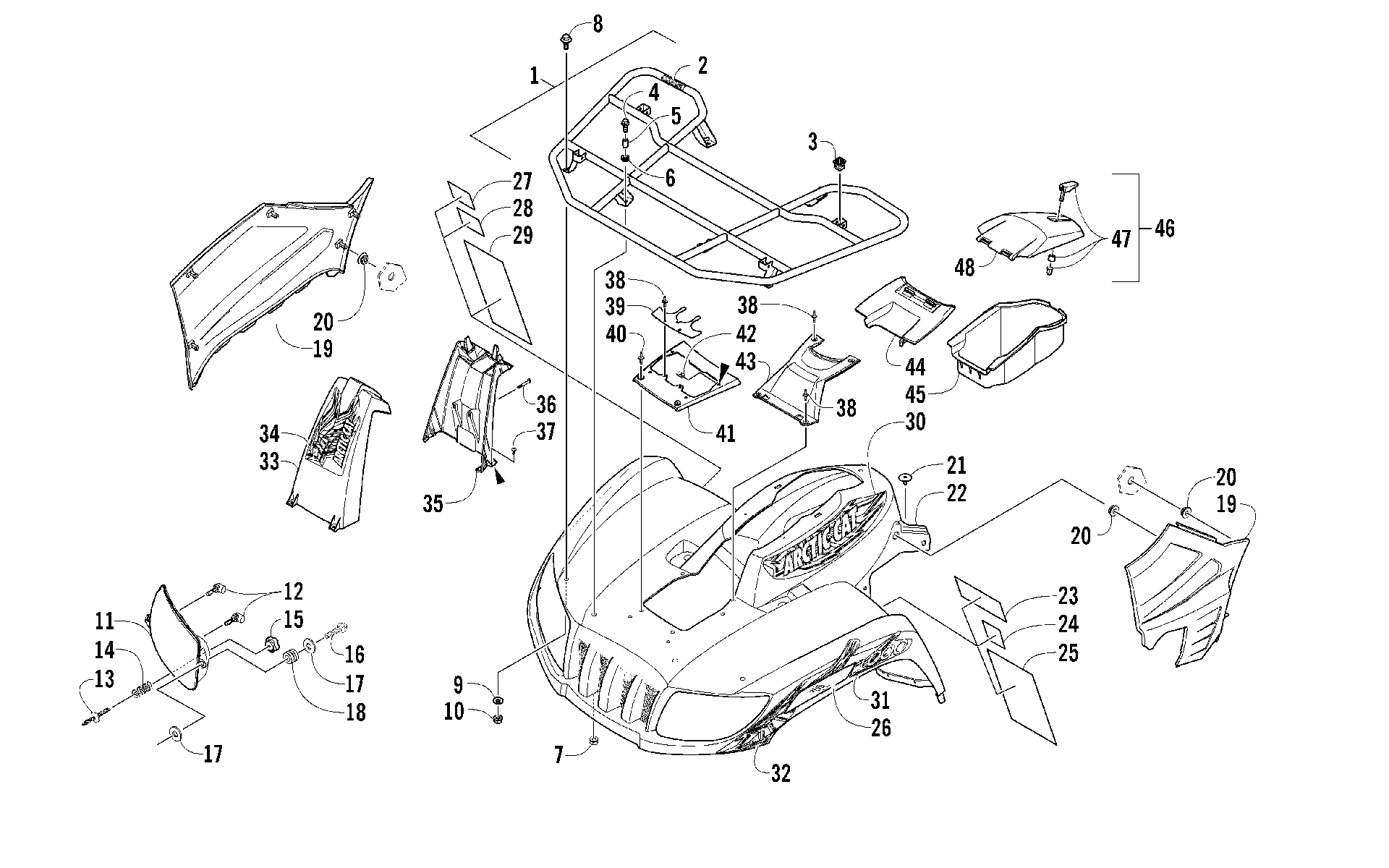 Передняя часть RACK, BODY PANEL, AND HEADLIGHT ASSEMBLIES [97681]