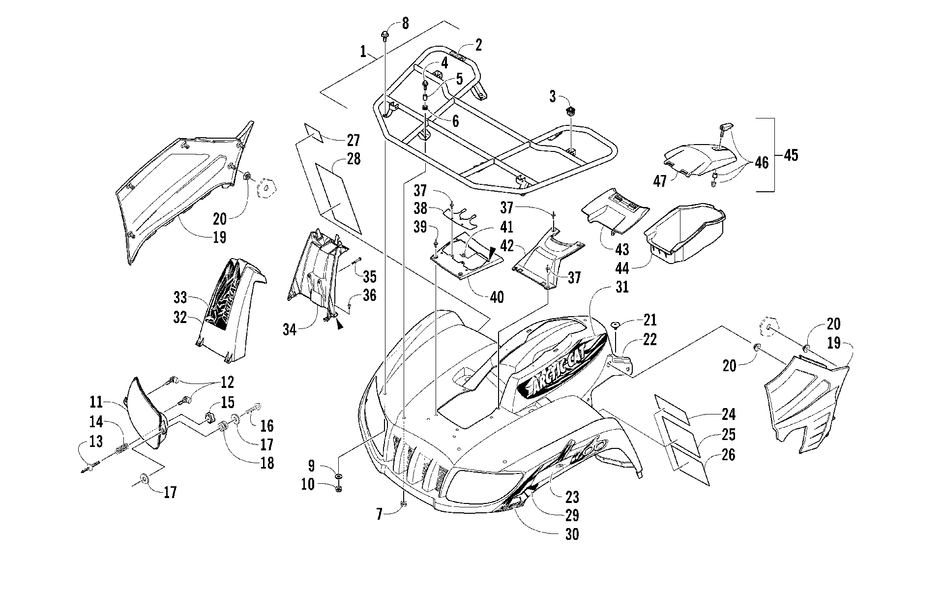 Передняя часть RACK, BODY PANEL, AND HEADLIGHT ASSEMBLIES [97621]
