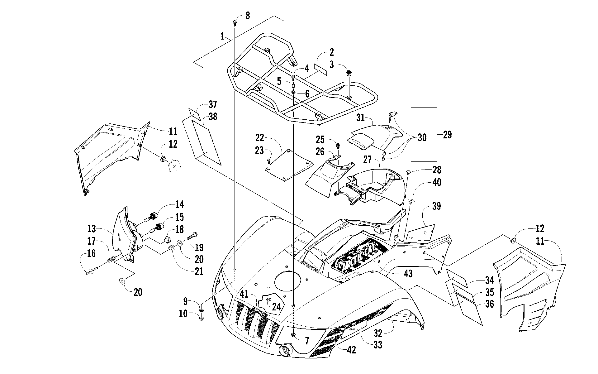 Передняя часть RACK, BODY PANEL, AND HEADLIGHT ASSEMBLIES [94502]