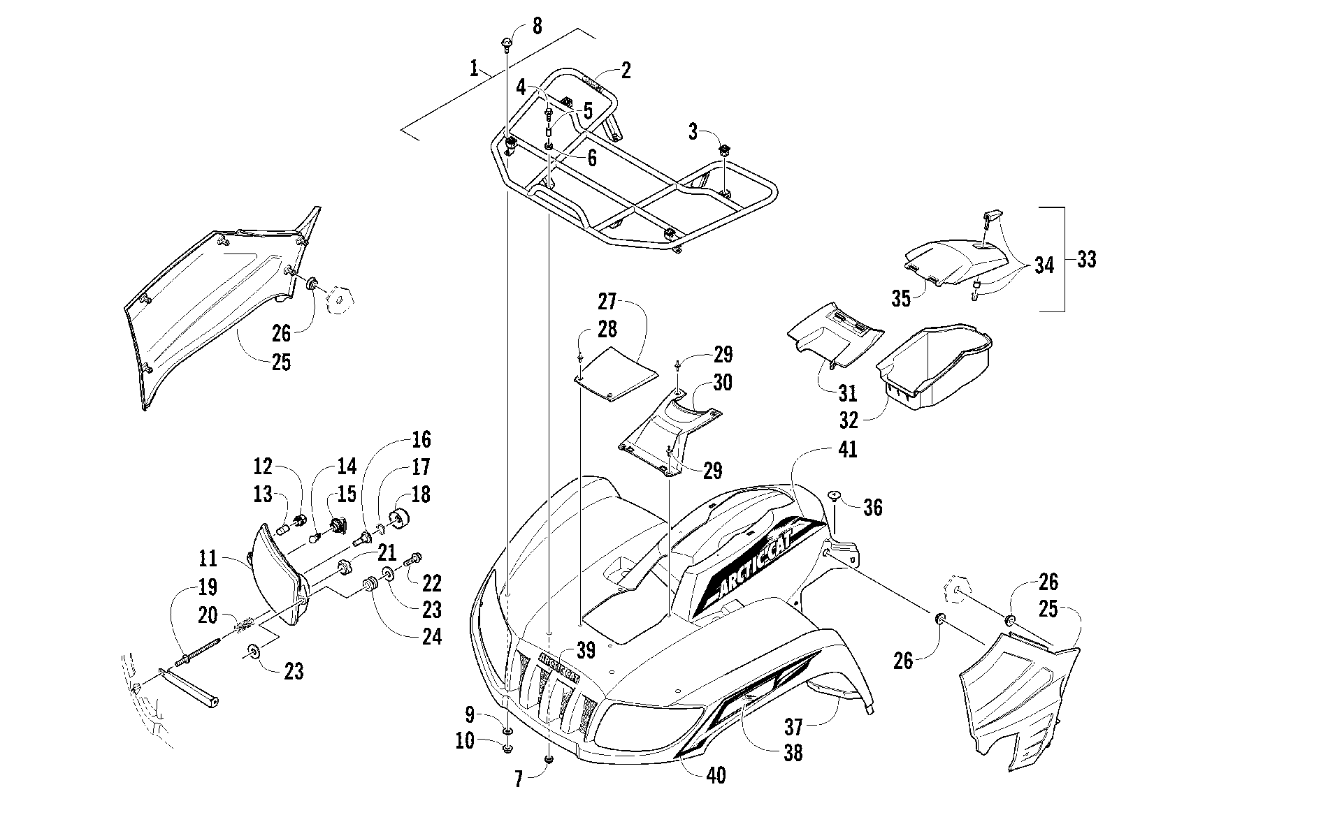 Передняя часть RACK, BODY PANEL, AND HEADLIGHT ASSEMBLIES [95928]